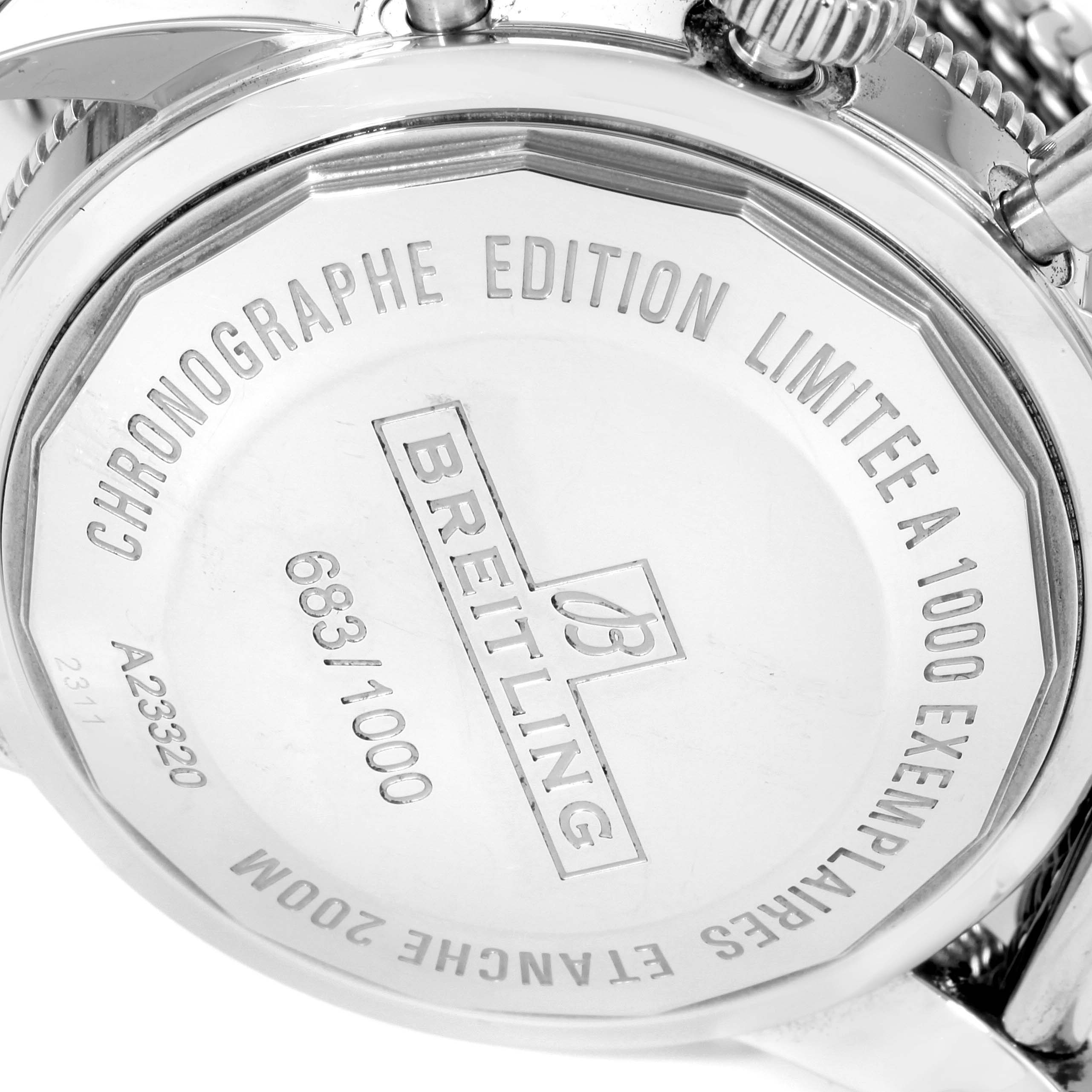 The image shows the case back of a Breitling Superocean A23320 Men
s Stainless Steel Silver Dial A23320 Men
s Stainless Steel Silver Dial watch, highlighting its engraving and limited edition number.