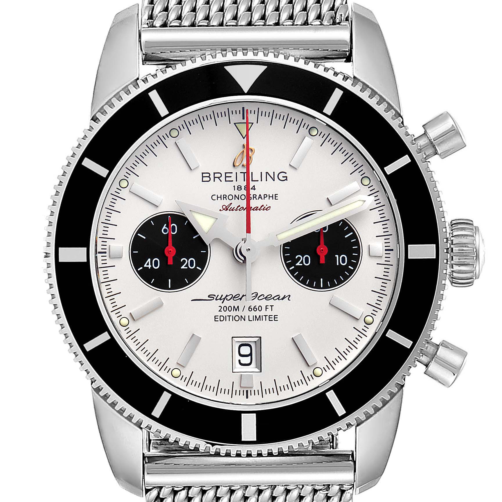 The image shows a frontal view of a Breitling Superocean A23320 Men
s Stainless Steel Silver Dial A23320 Men
s Stainless Steel Silver Dial watch displaying its dial, bezel, crown, and chronograph sub-dials.