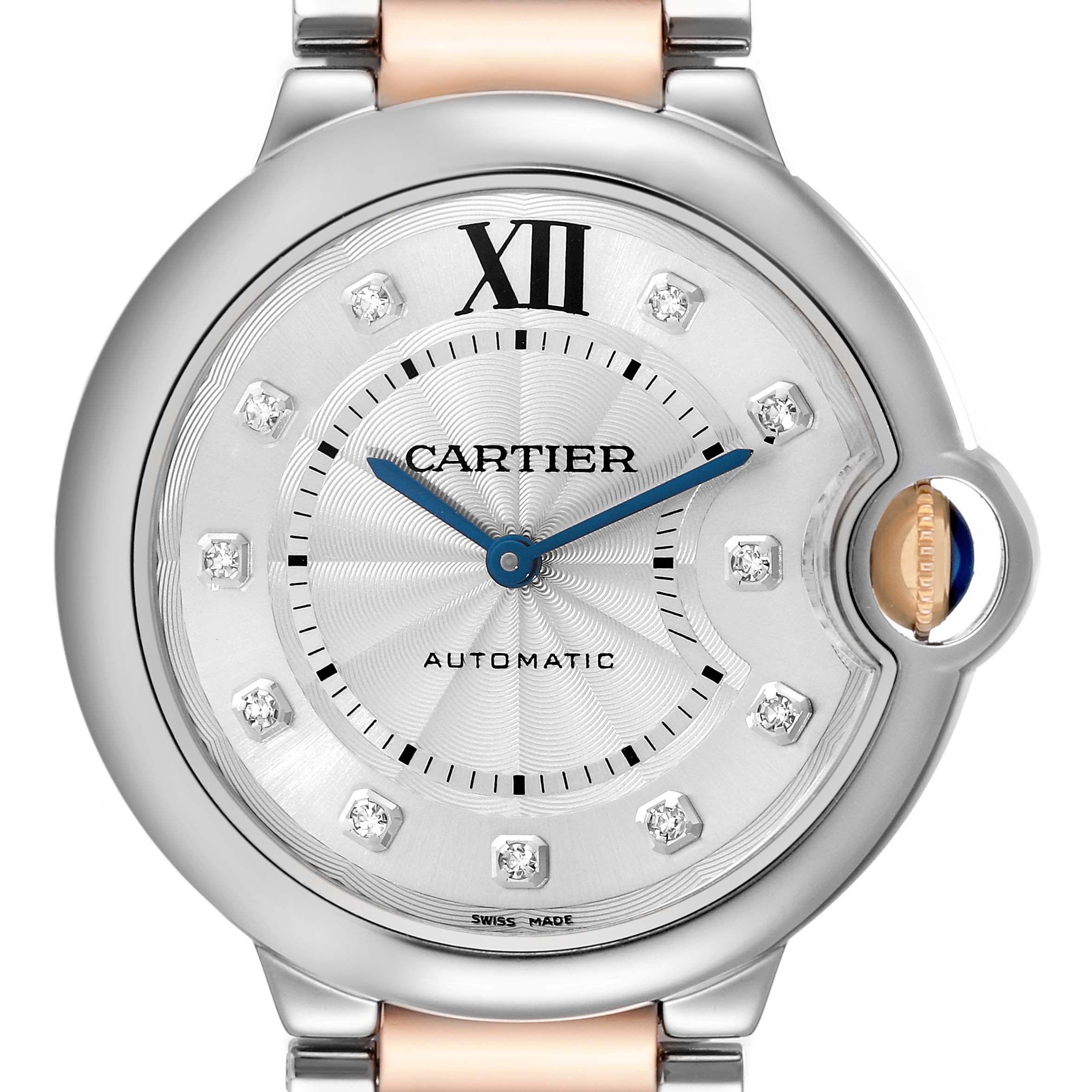 A close-up of the Cartier Ballon Bleu W3BB0018 Women's Steel and Gold (two tone) Silver Dial W3BB0018 Women's Steel and Gold (two tone) Silver Dial watch face, showing the dial, Roman numeral XII, blue hands, and diamond hour markers.