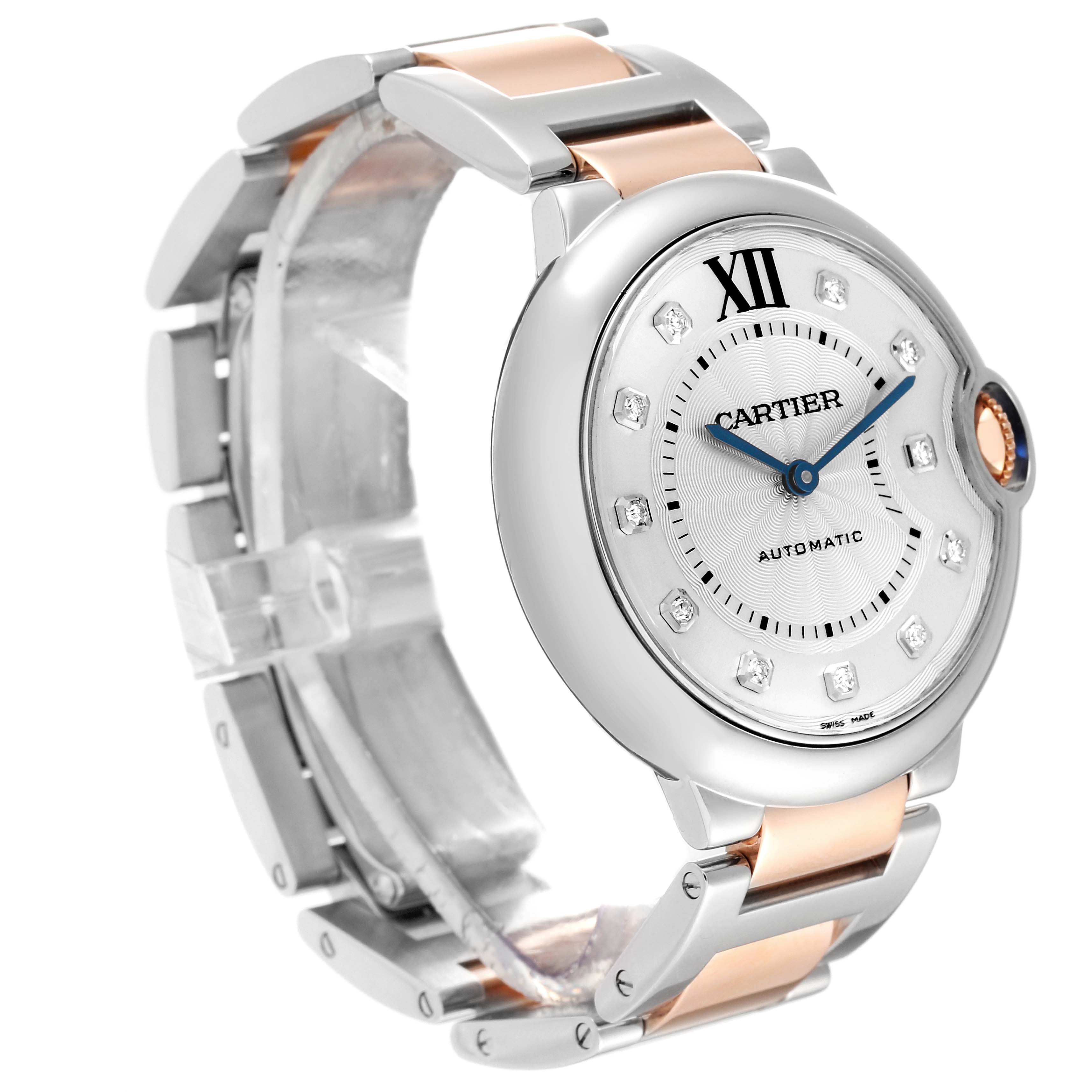 The Ballon Bleu by Cartier watch is shown at a slight side angle highlighting the face, bezel, and bimetal strap.
