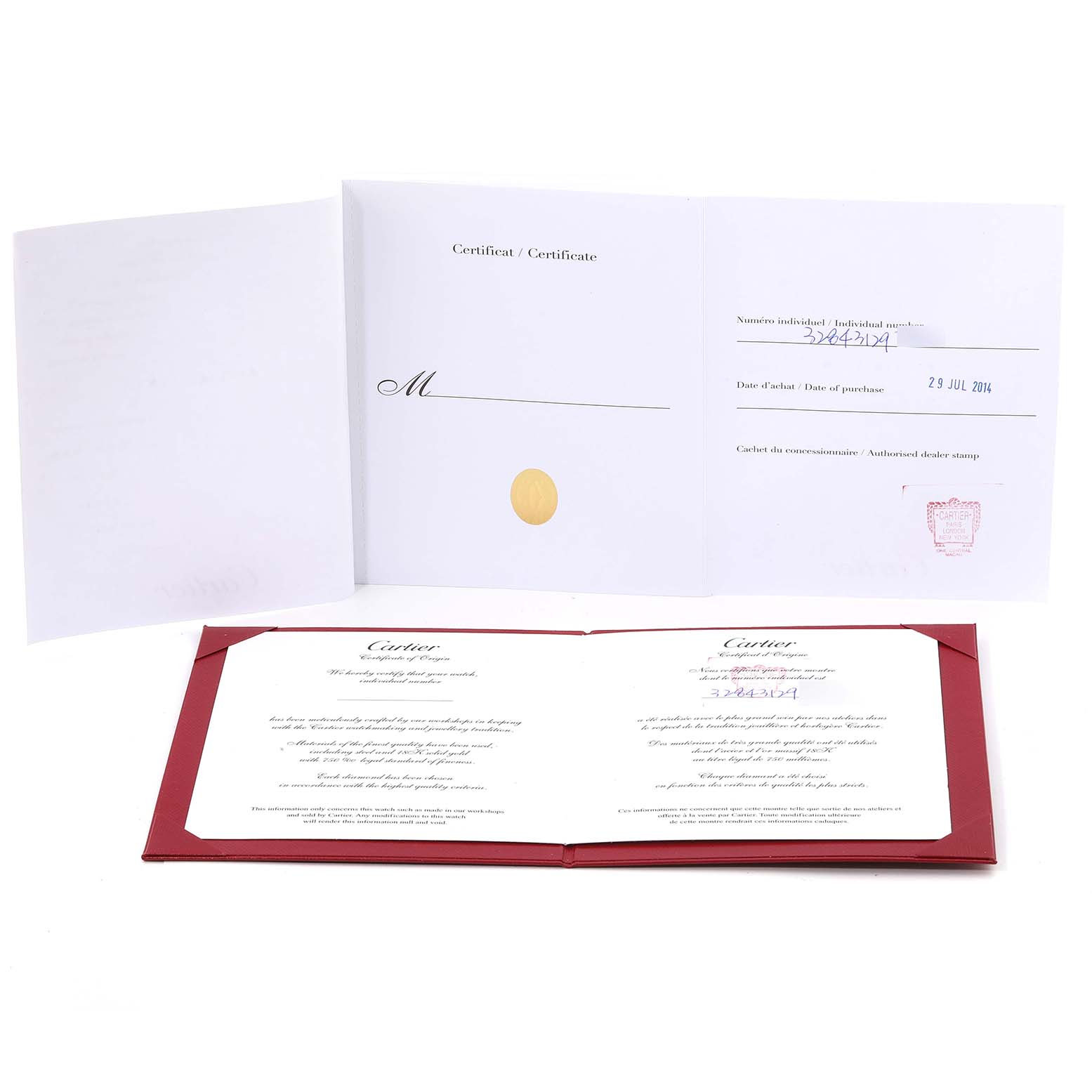 The image shows the certificate and warranty documents of a Ballon Bleu by Cartier watch, displayed open and flat.
