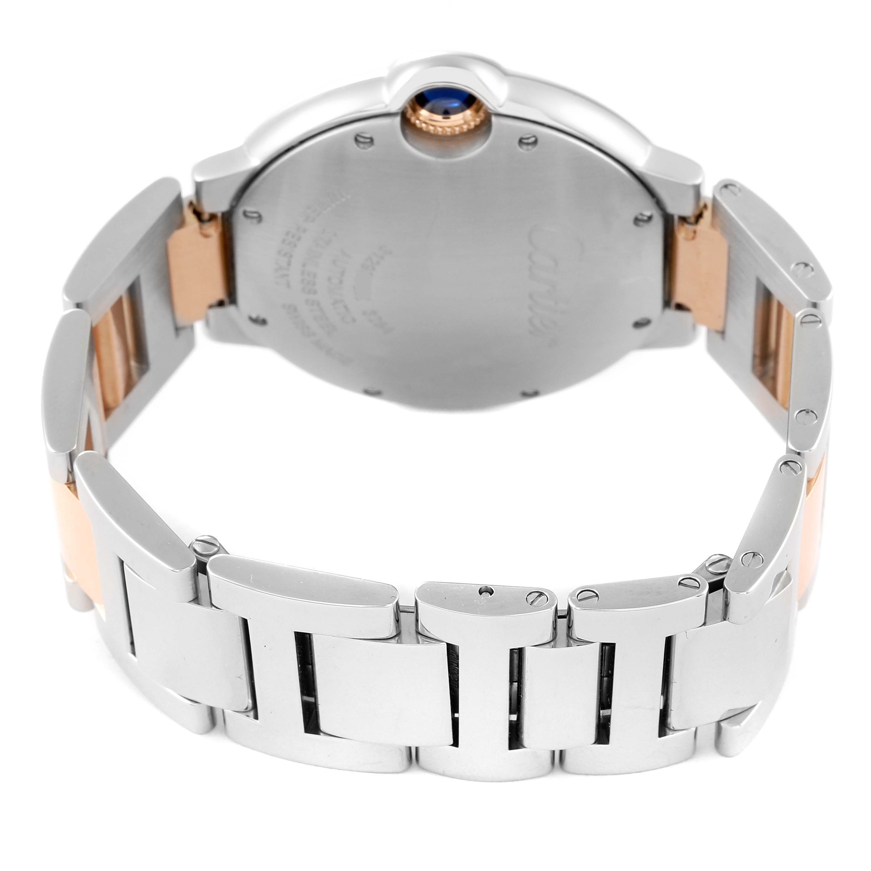 This image shows the back and bracelet of a Ballon Bleu model by Cartier from a rear angle.