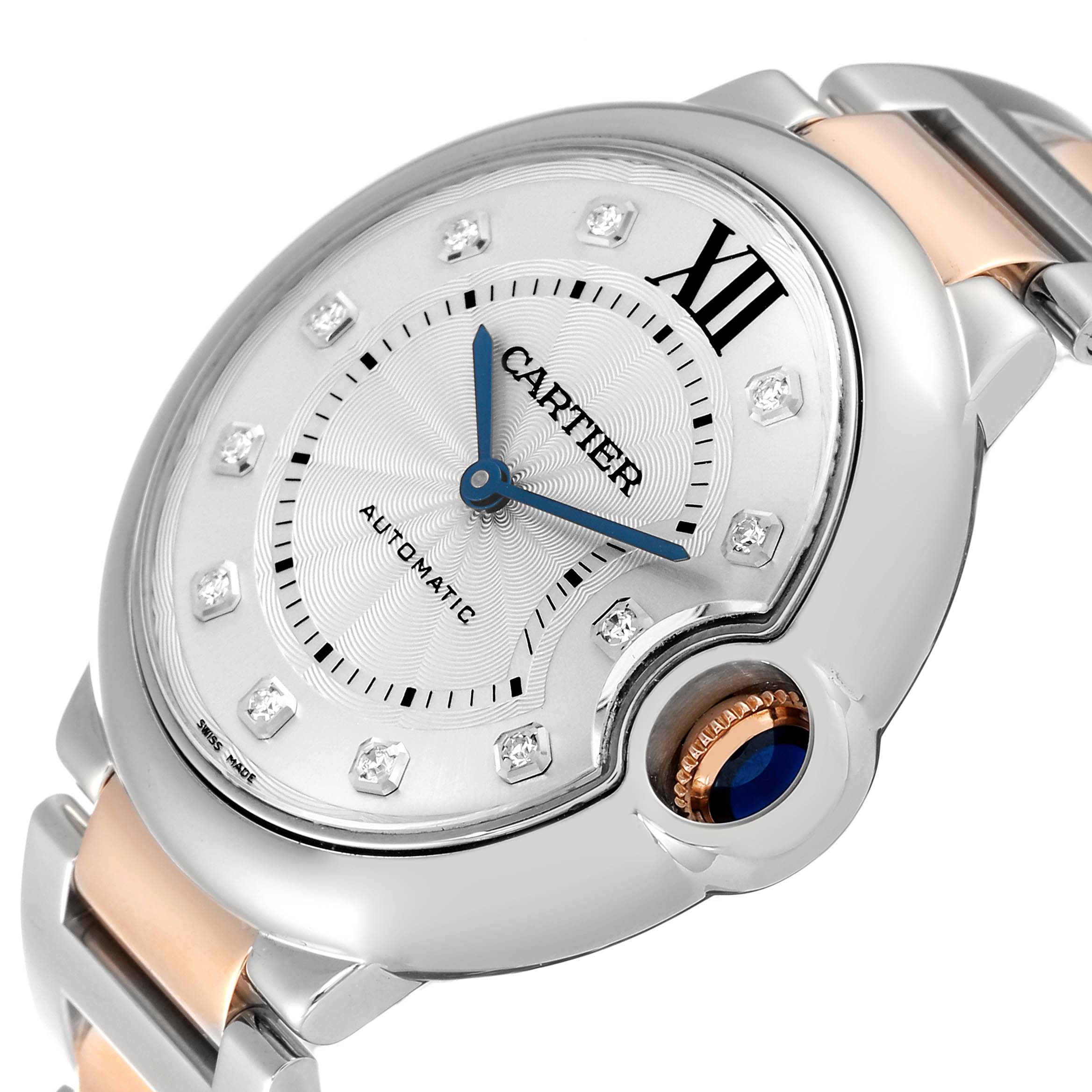 The image shows a close-up angle of the Cartier Ballon Bleu W3BB0018 Women's Steel and Gold (two tone) Silver Dial W3BB0018 Women's Steel and Gold (two tone) Silver Dial watch's dial and part of its bracelet.