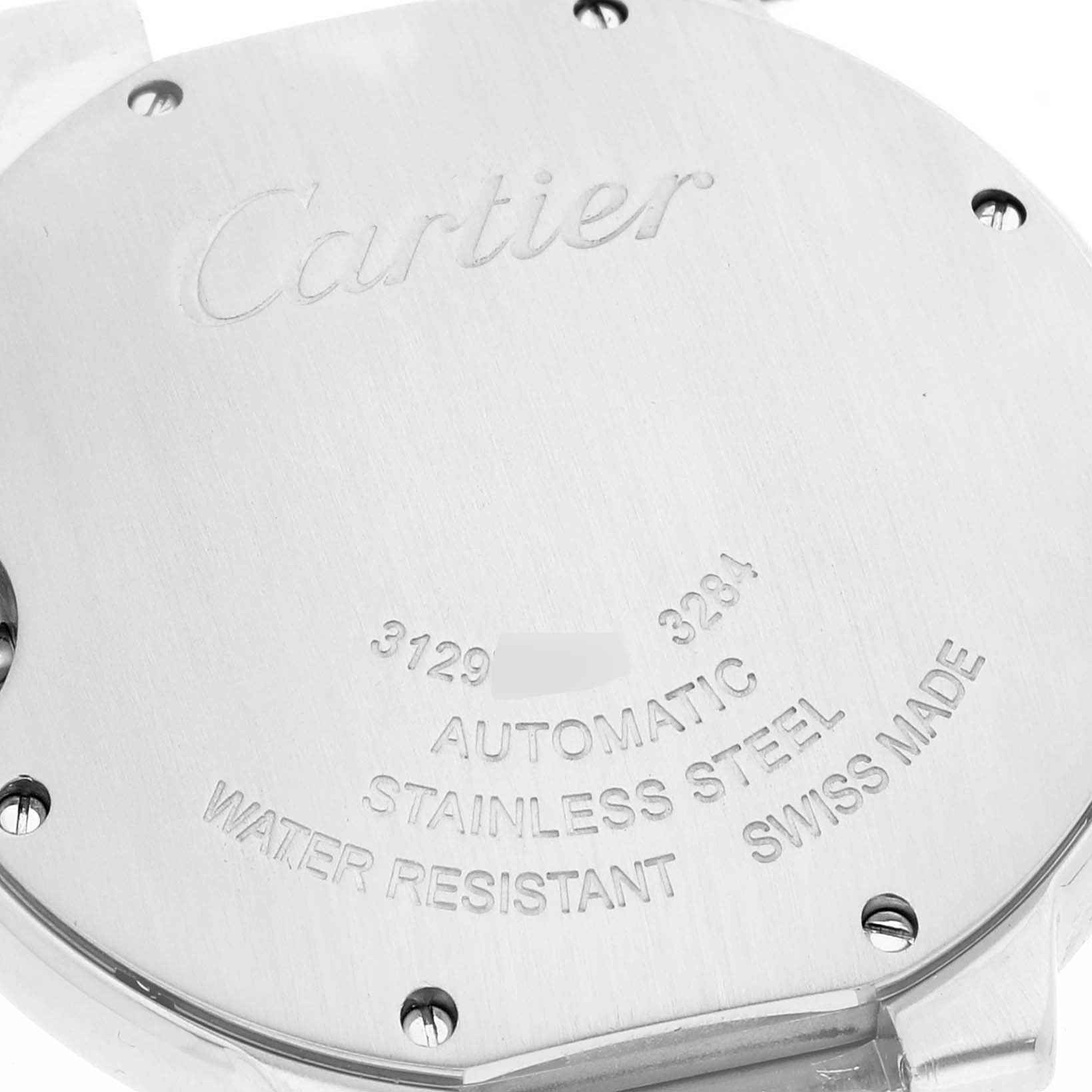 The image shows the back case of a Ballon Bleu model by Cartier, highlighting the stainless steel and water-resistant features.
