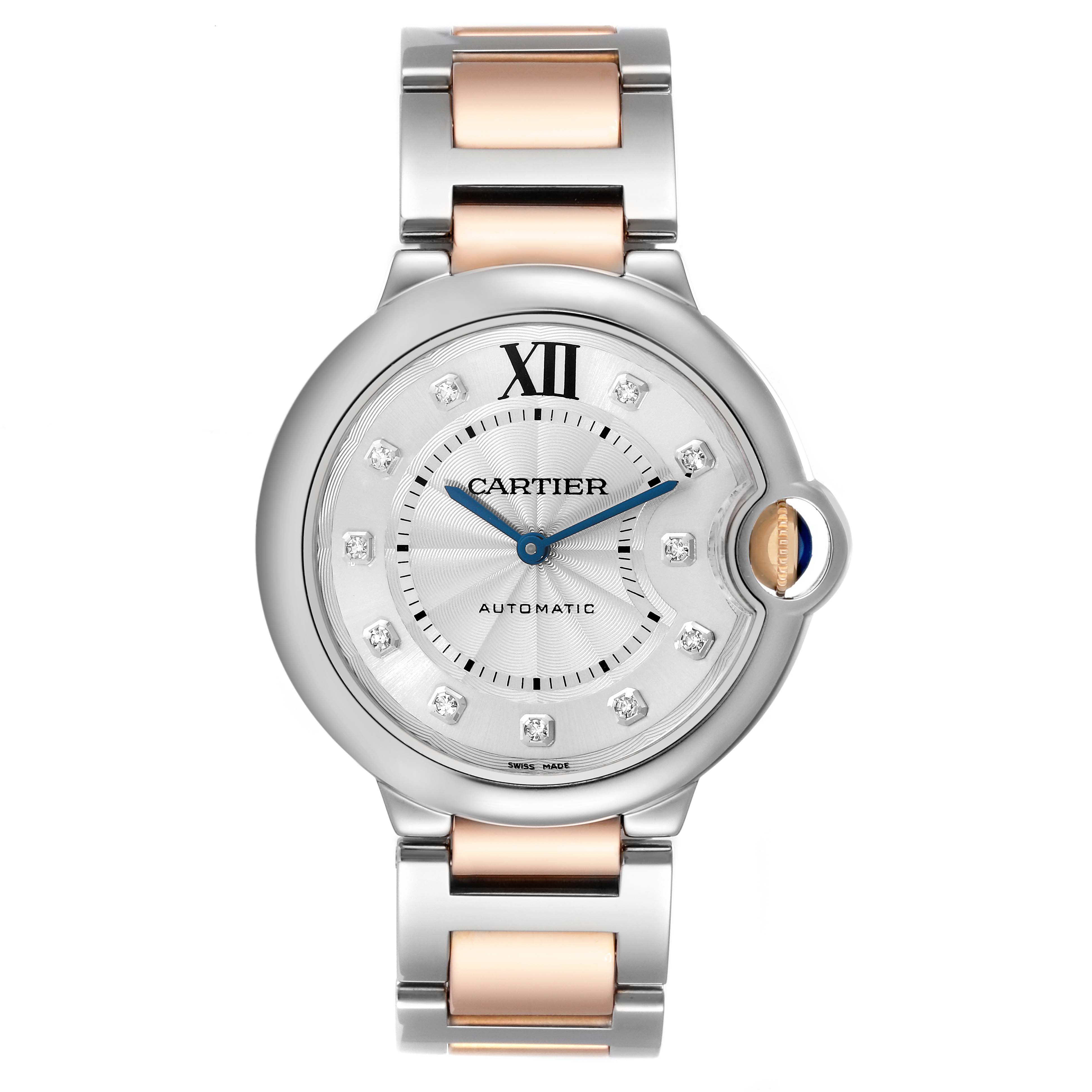 The Cartier Ballon Bleu W3BB0018 Women's Steel and Gold (two tone) Silver Dial W3BB0018 Women's Steel and Gold (two tone) Silver Dial watch is shown from a front angle, displaying the face, bracelet, and crown.