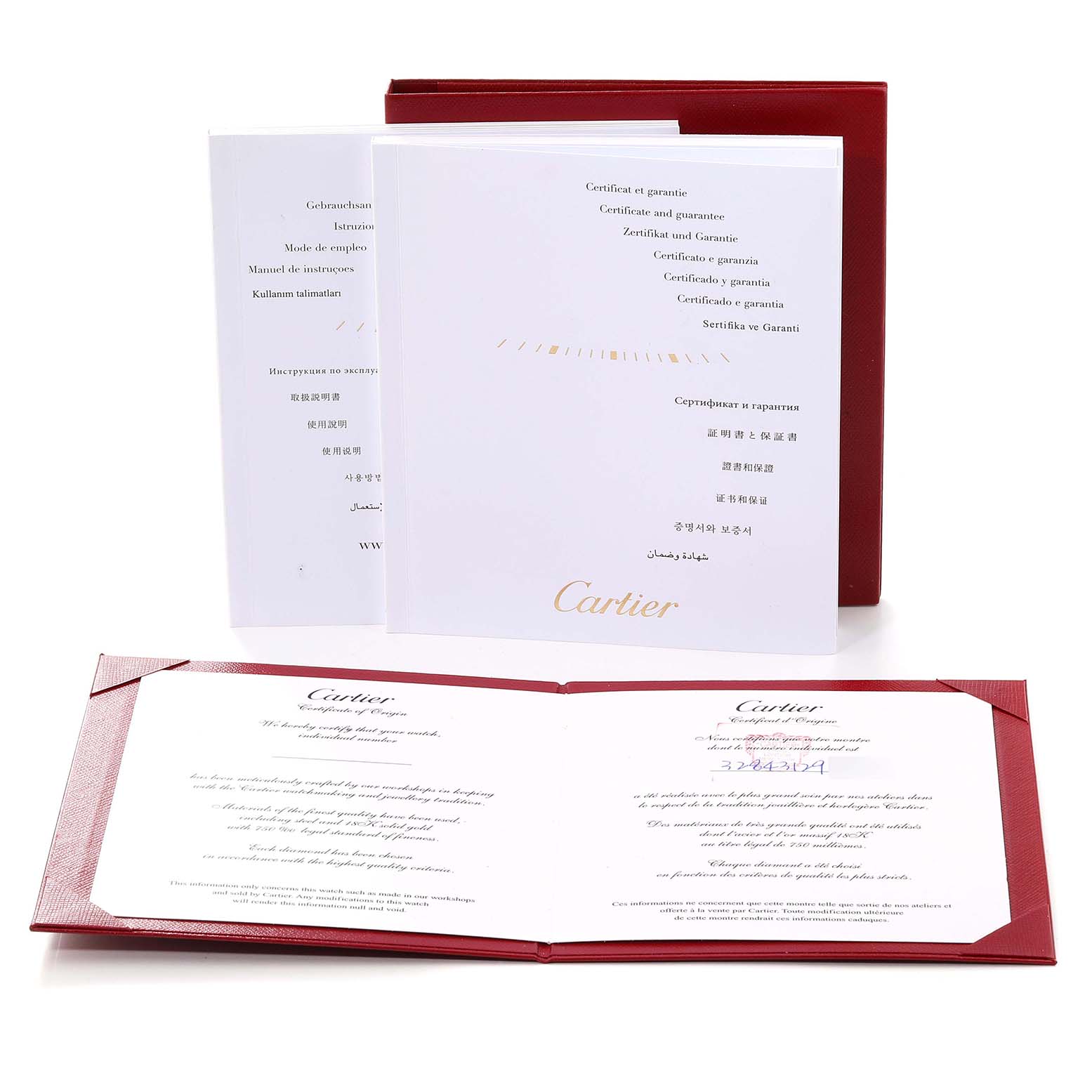 The image shows the certification and warranty documents for the Cartier Ballon Bleu W3BB0018 Women's Steel and Gold (two tone) Silver Dial W3BB0018 Women's Steel and Gold (two tone) Silver Dial watch, displayed in a red folder.