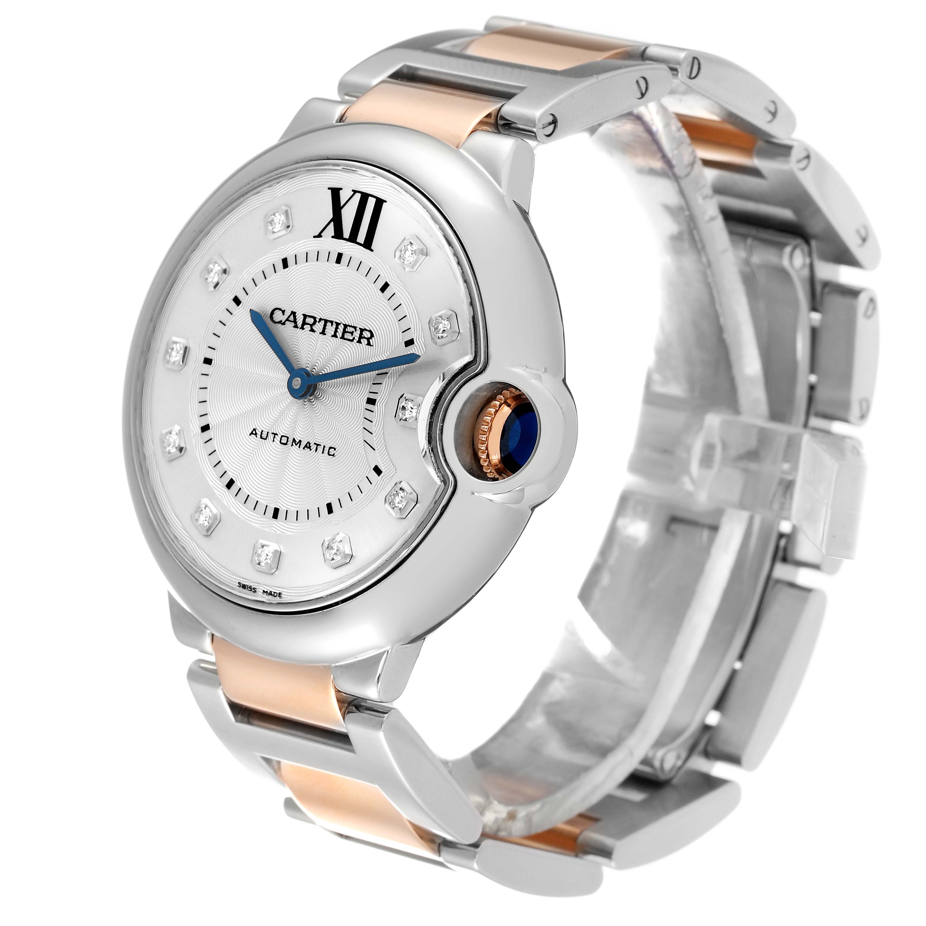 The image displays a Ballon Bleu by Cartier from a front-left angle, showcasing the watch face and bracelet.