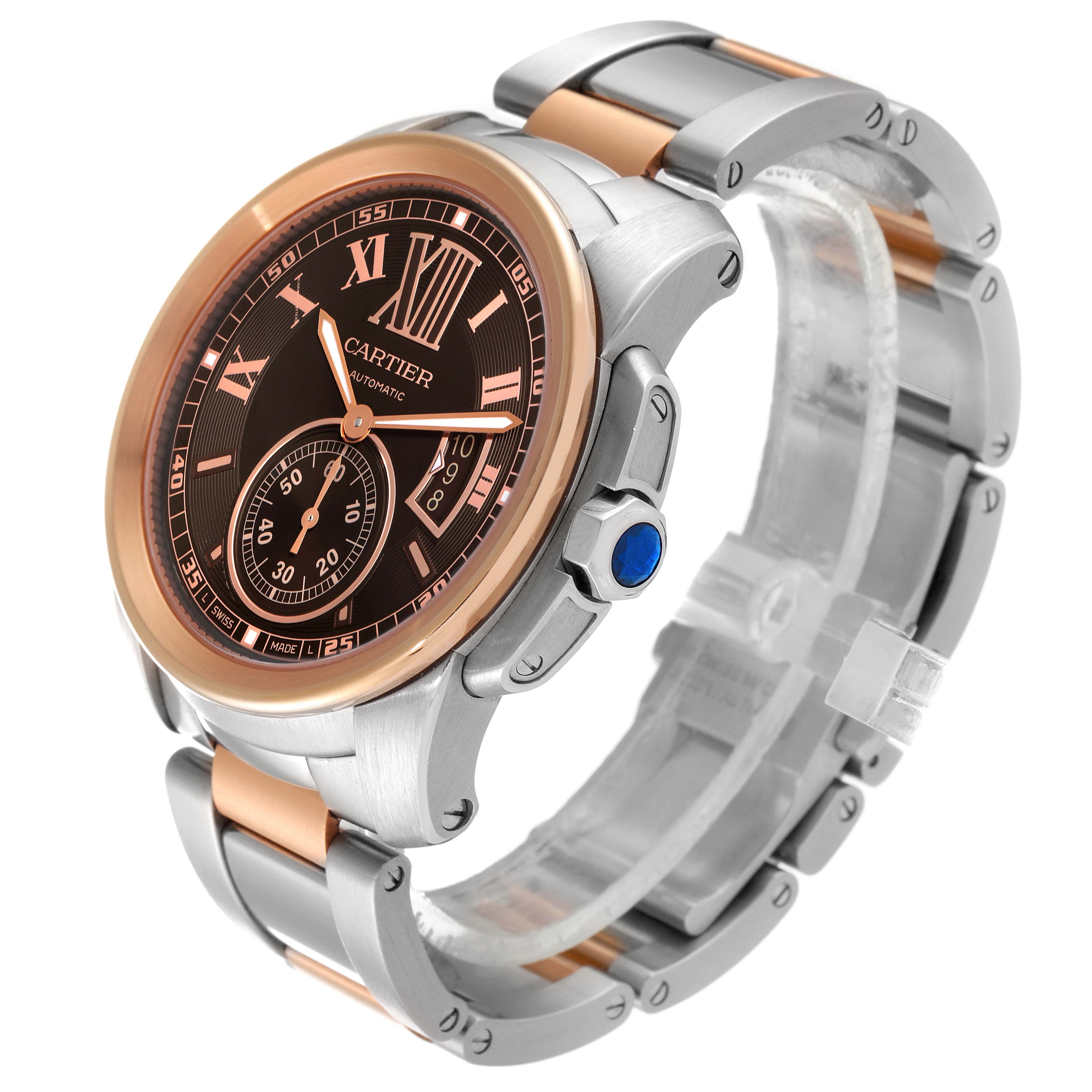 The image shows a side angle of the Calibre de Cartier watch by Cartier, highlighting its face, bezel, and bracelet.