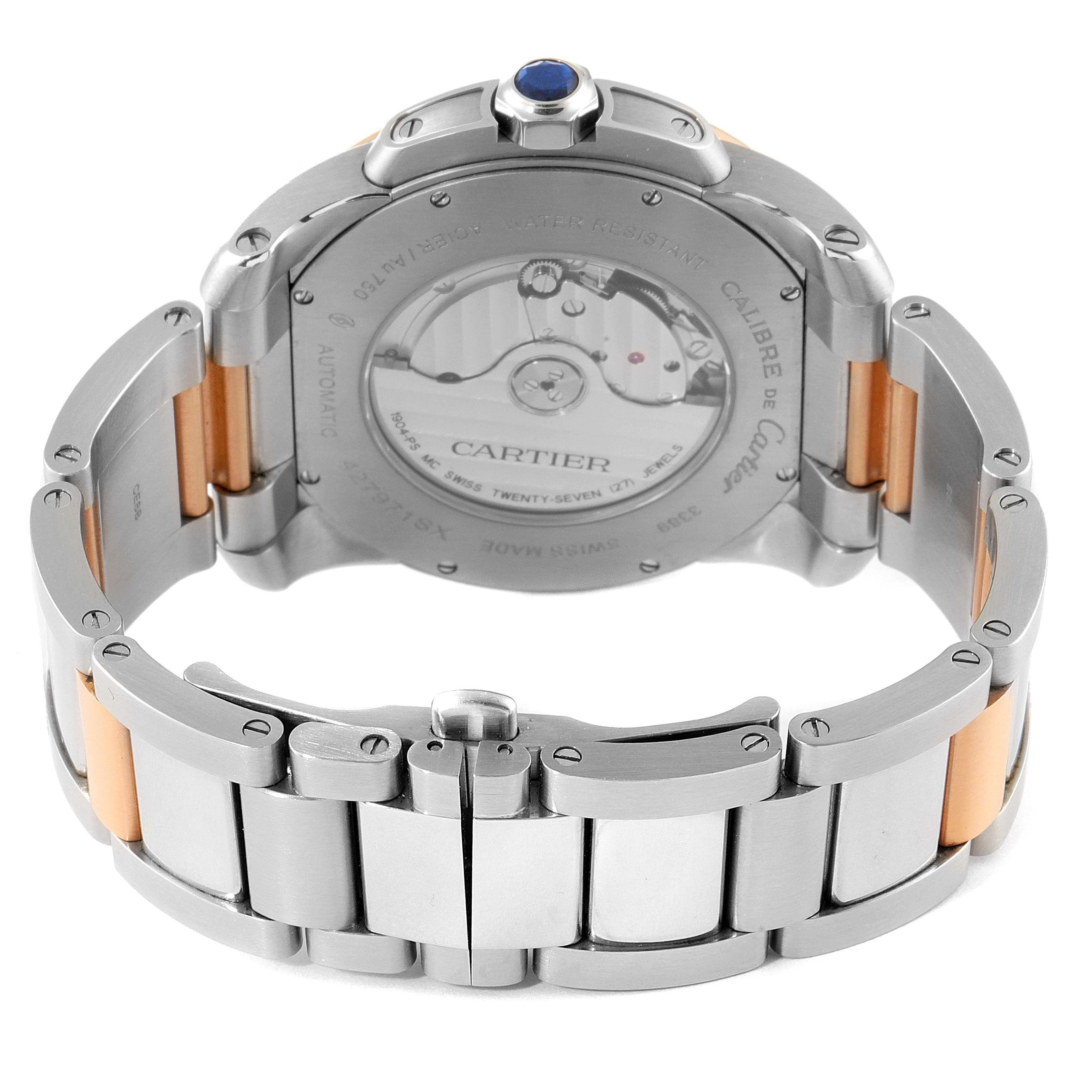 The image shows the back view and bracelet of a Calibre de Cartier watch by Cartier.