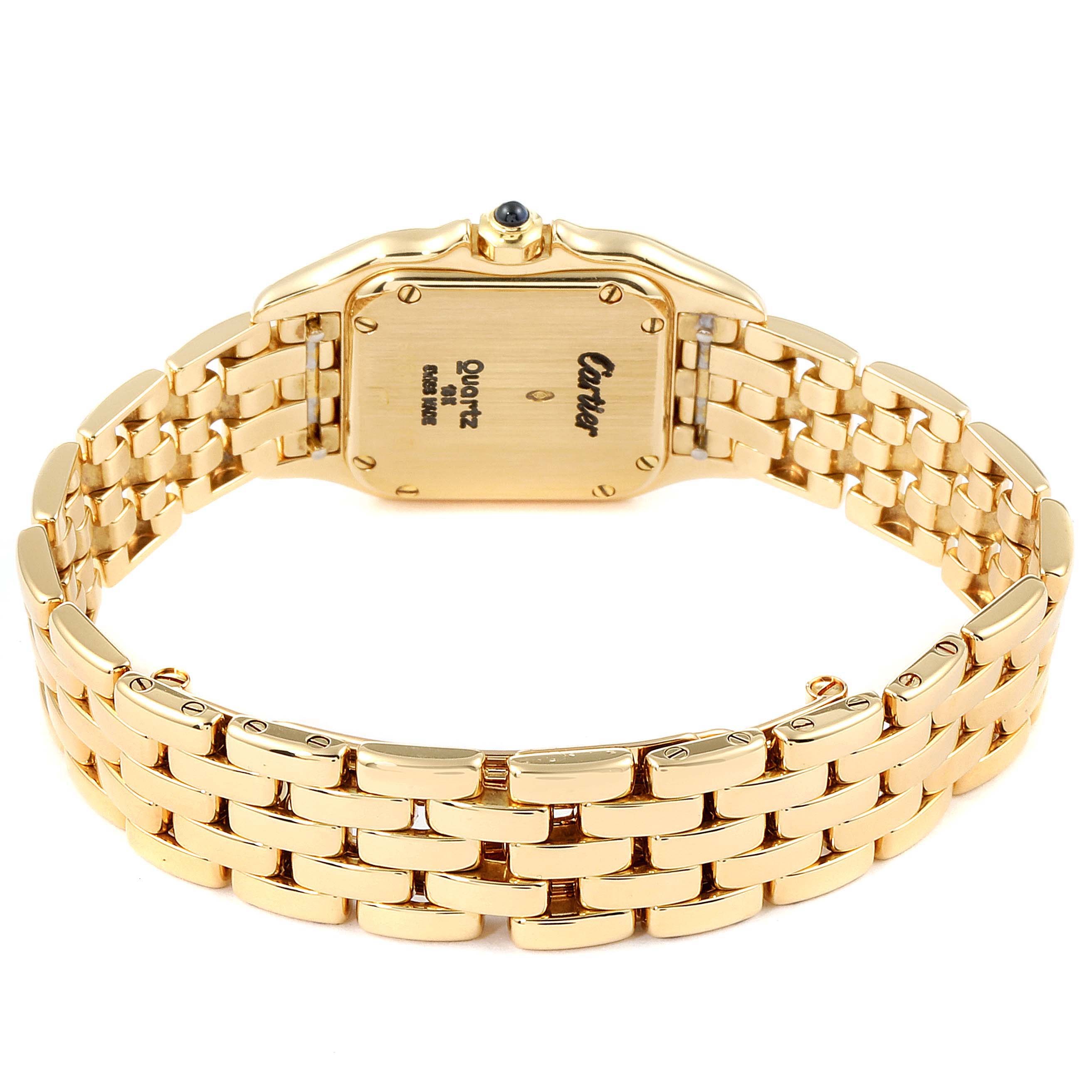 The image shows the back and bracelet of a Cartier Panthere W25022B9 Women
s Yellow Gold Silver Dial W25022B9 Women
s Yellow Gold Silver Dial model watch, highlighting the case back and linked gold band.