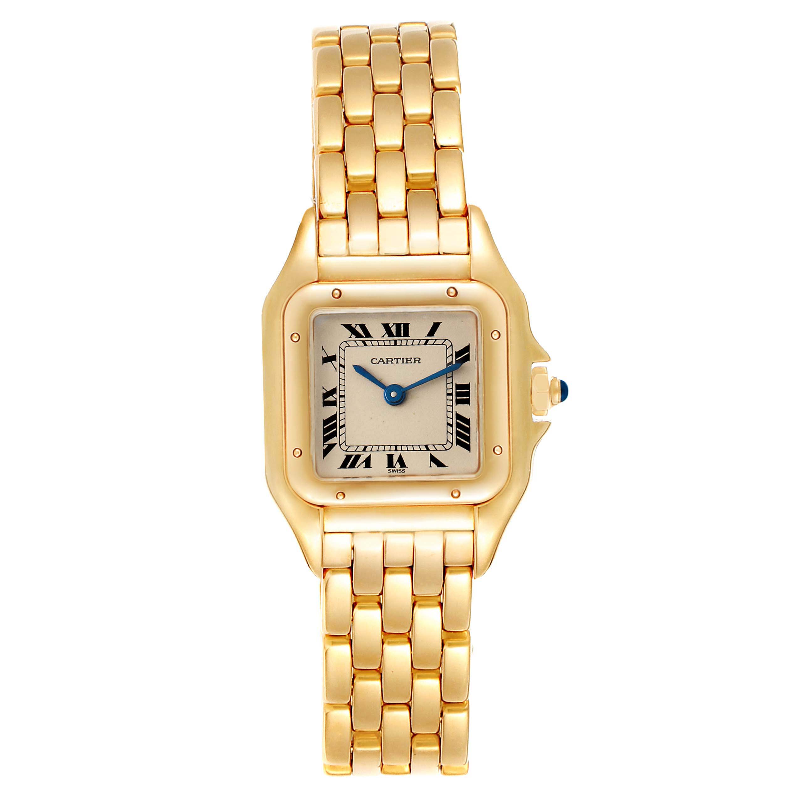 This image shows a Cartier Panthere W25022B9 Women
s Yellow Gold Silver Dial W25022B9 Women
s Yellow Gold Silver Dial watch from a top-down angle, displaying the face and bracelet.