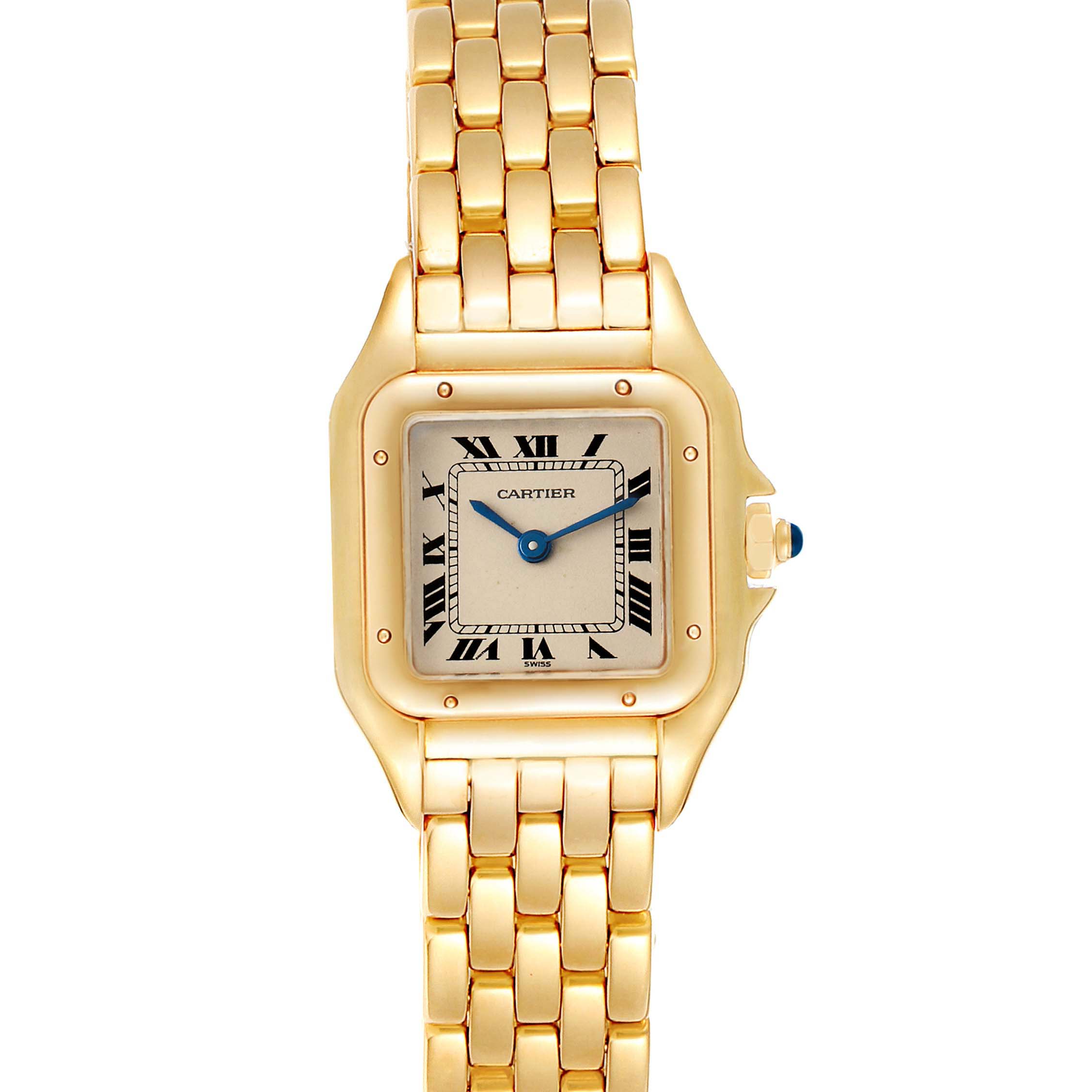 The image shows a front view of a gold Cartier Panthere W25022B9 Women
s Yellow Gold Silver Dial W25022B9 Women
s Yellow Gold Silver Dial watch, highlighting its square dial and link bracelet.