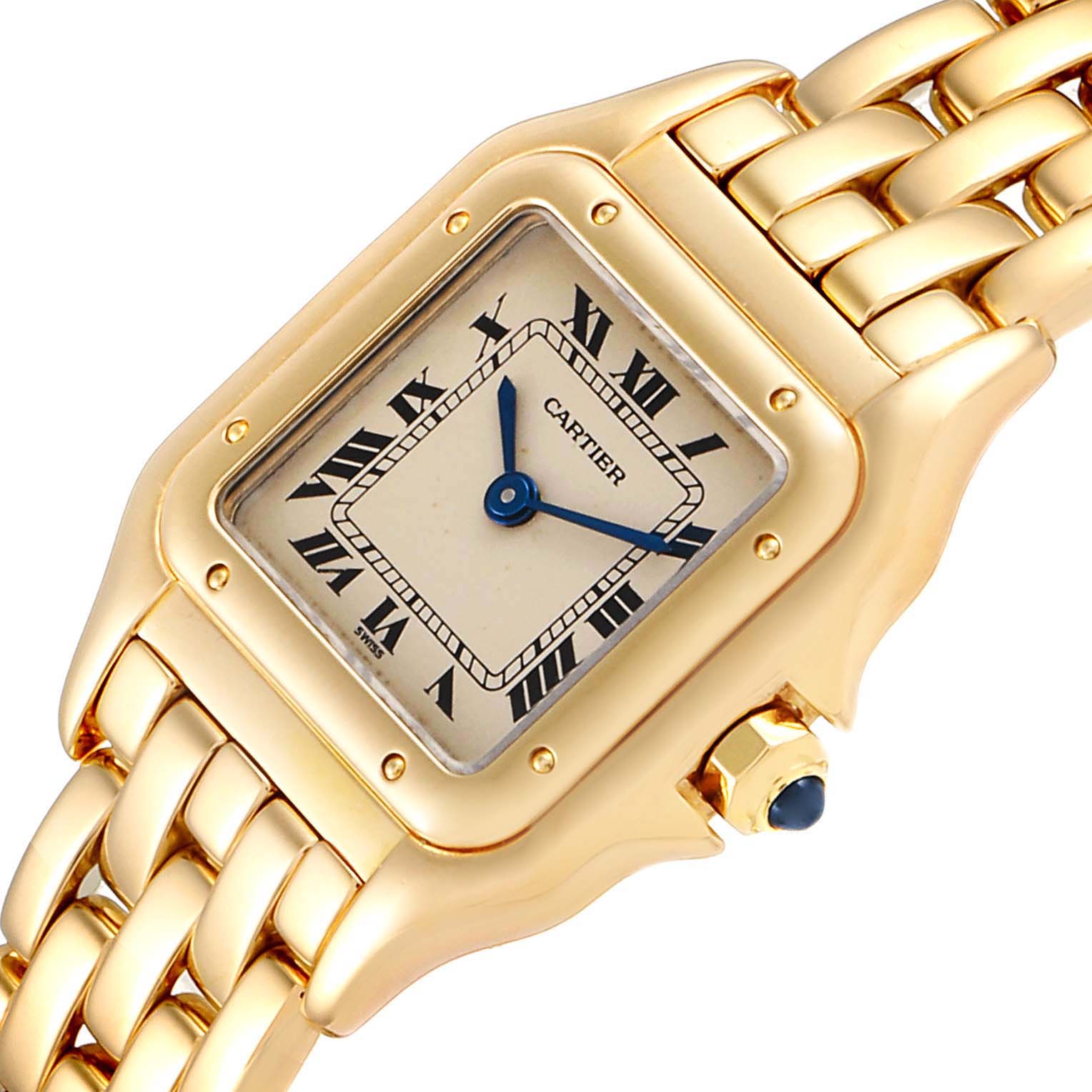 The image shows a close-up angled view of the Cartier Panthere W25022B9 Women
s Yellow Gold Silver Dial W25022B9 Women
s Yellow Gold Silver Dial watch, highlighting the dial, case, crown, and part of the bracelet.