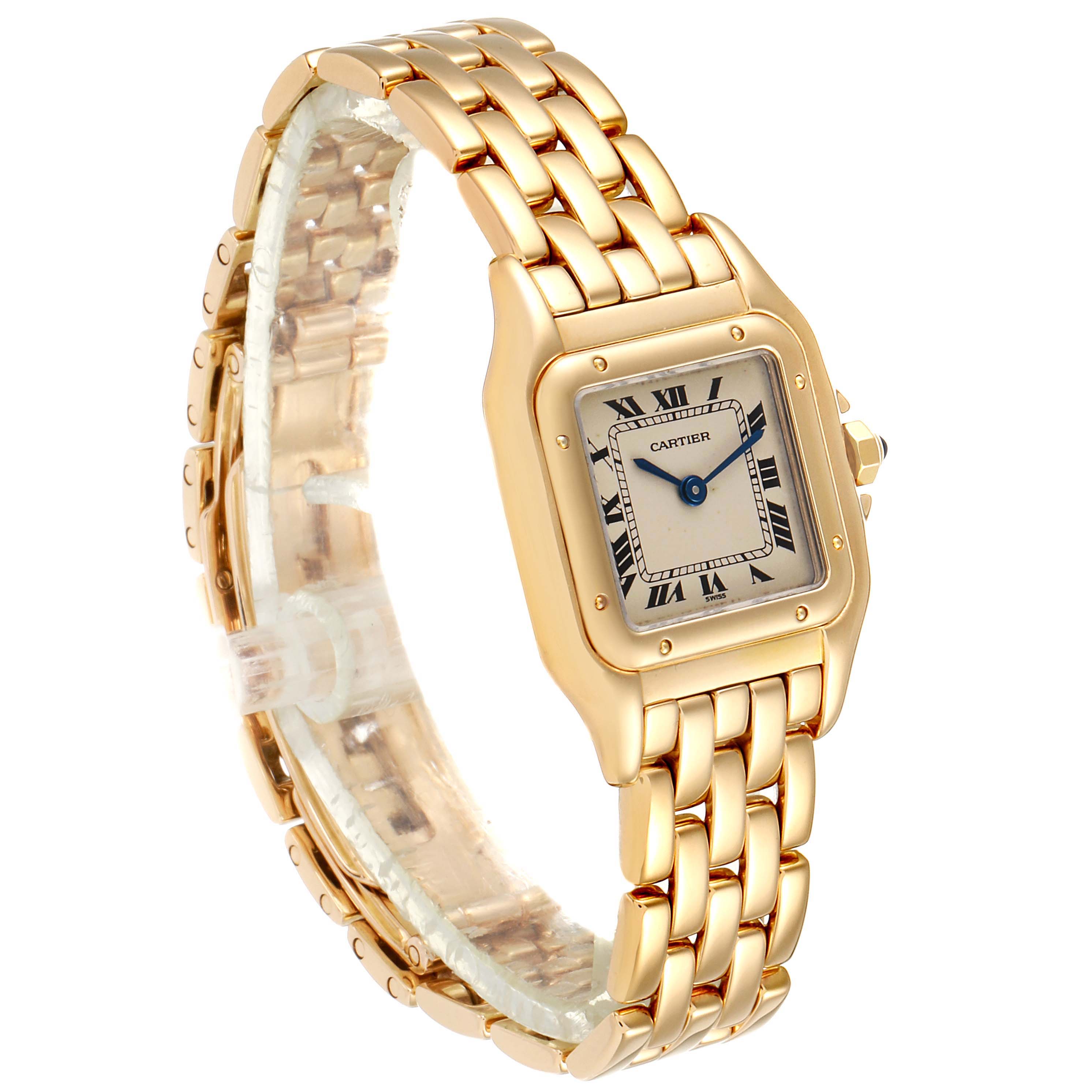 The image shows a side-angle view of a Cartier Panthere W25022B9 Women
s Yellow Gold Silver Dial W25022B9 Women
s Yellow Gold Silver Dial watch, highlighting the gold case and bracelet.