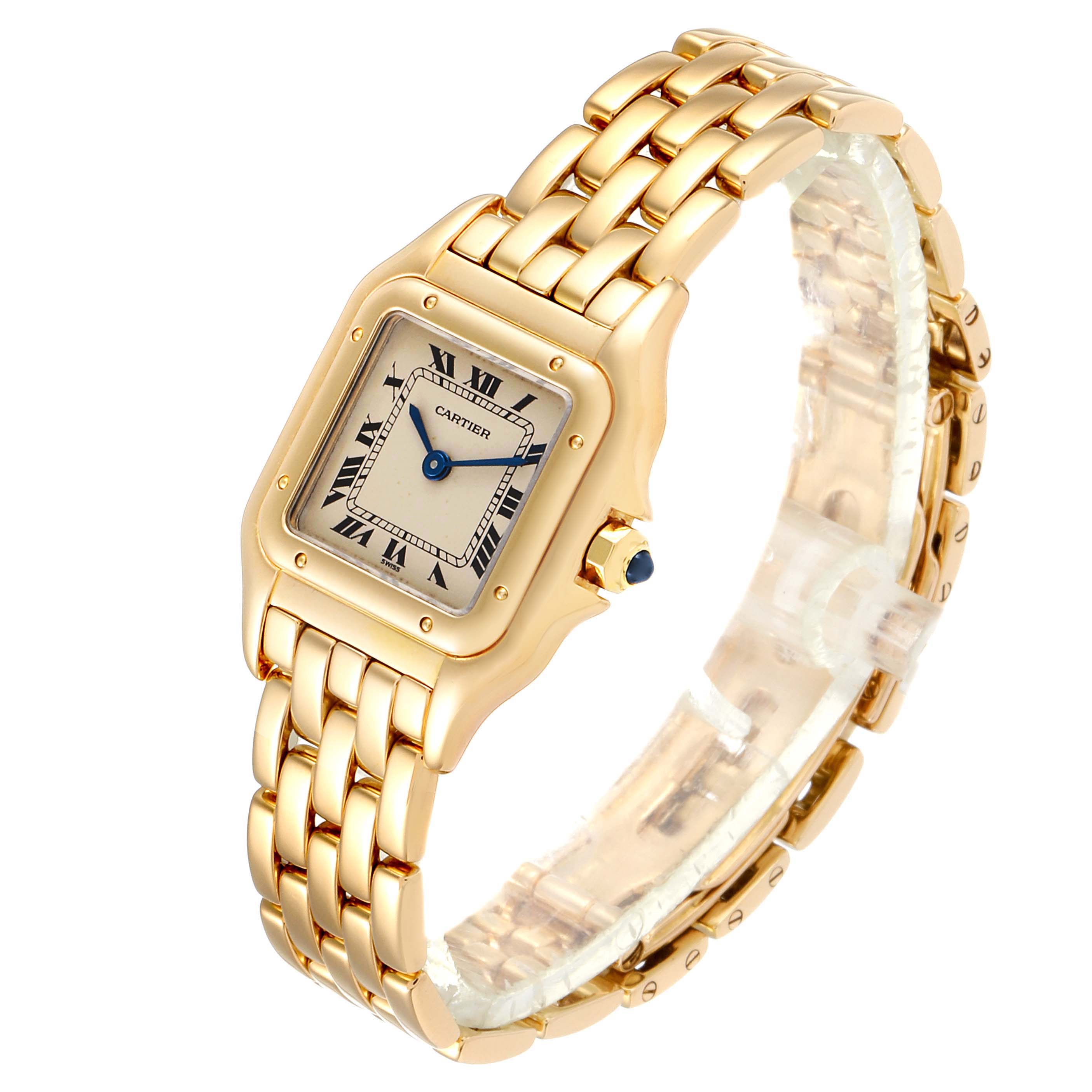 The Cartier Panthere W25022B9 Women
s Yellow Gold Silver Dial W25022B9 Women
s Yellow Gold Silver Dial watch is shown in a semi-side angle, displaying its gold bracelet, square face, and Roman numeral dial.