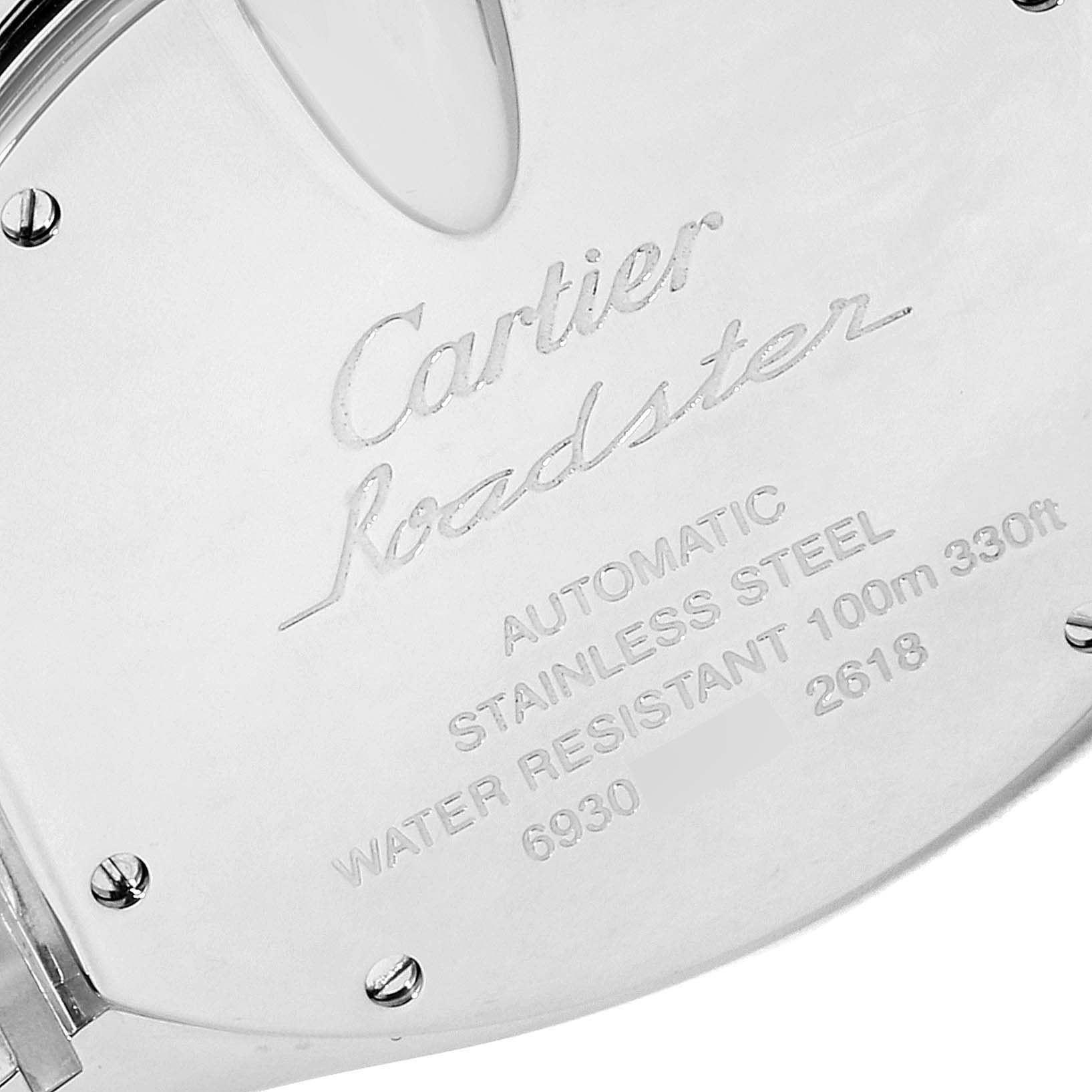 This image shows the back case of a Cartier Roadster W62019X6 Men's Stainless Steel Silver Dial W62019X6 Men's Stainless Steel Silver Dial watch, highlighting its engraving and specifications.