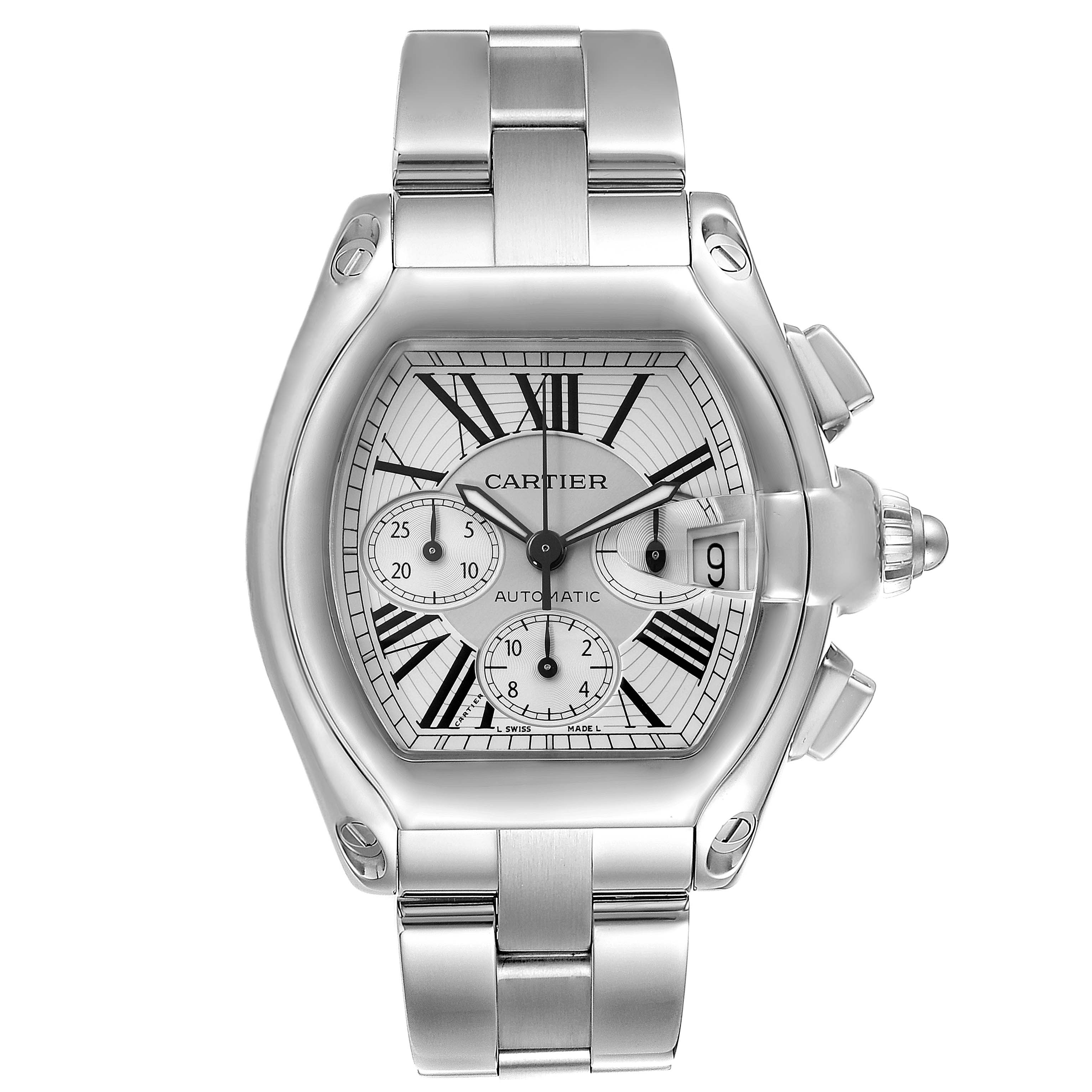 The Cartier Roadster W62019X6 Men's Stainless Steel Silver Dial W62019X6 Men's Stainless Steel Silver Dial watch is shown from a front angle, highlighting its dial, bezel, bracelet, and side crown.