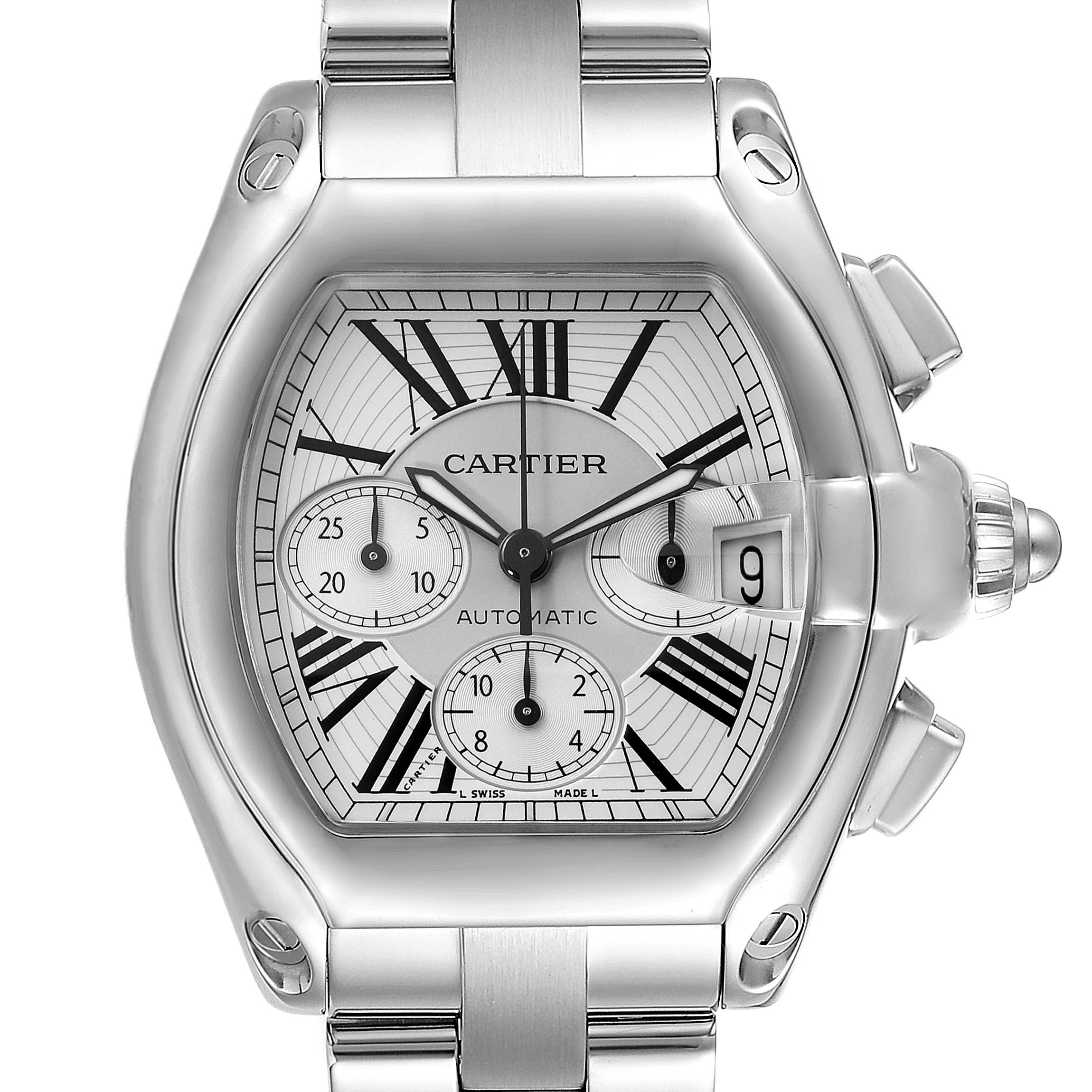 The image shows a front view of the Cartier Roadster W62019X6 Men's Stainless Steel Silver Dial W62019X6 Men's Stainless Steel Silver Dial watch, displaying its face, dials, and metal bracelet.