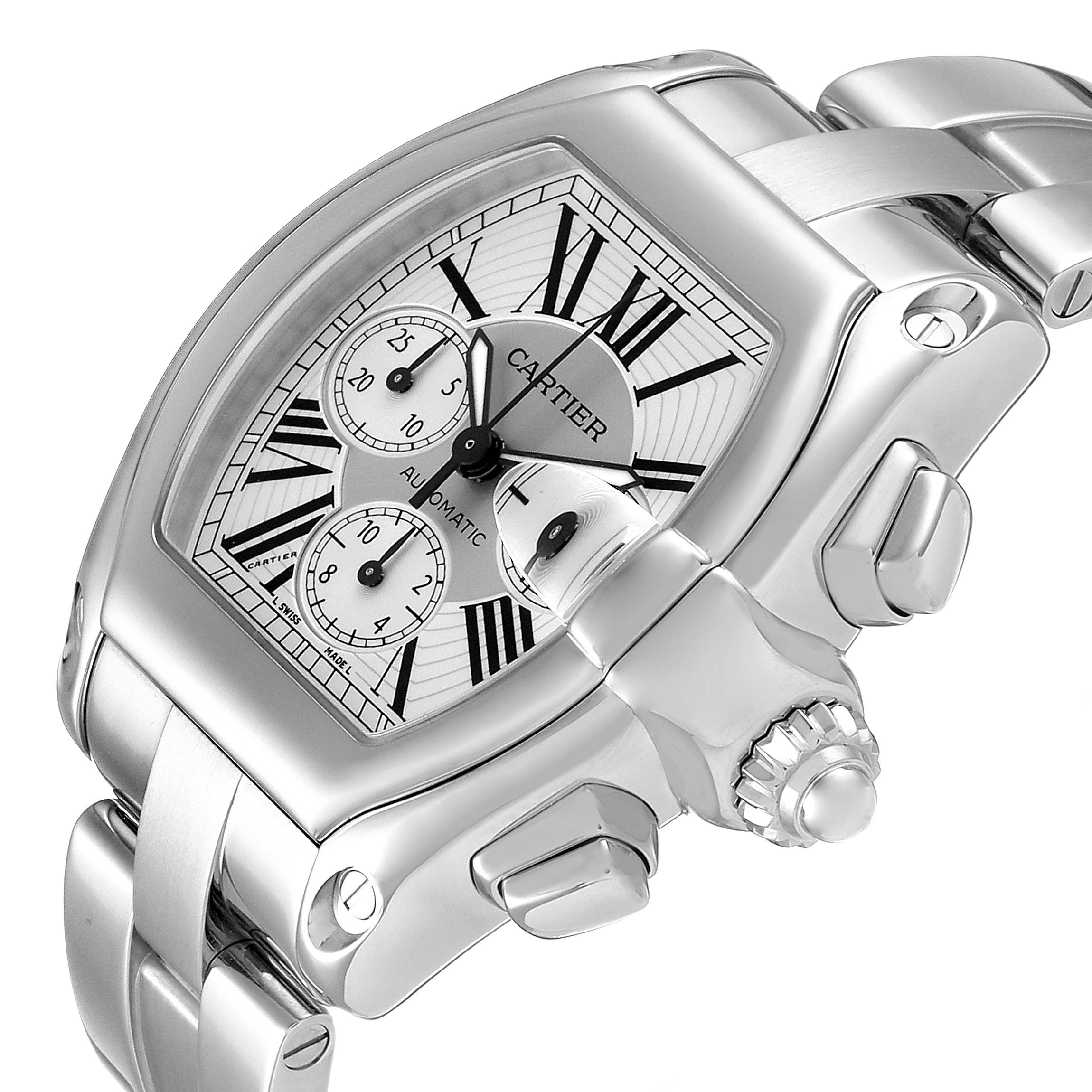 The Cartier Roadster W62019X6 Men's Stainless Steel Silver Dial W62019X6 Men's Stainless Steel Silver Dial watch is shown at a slight angle displaying the dial, crown, pushers, and part of the metal bracelet.