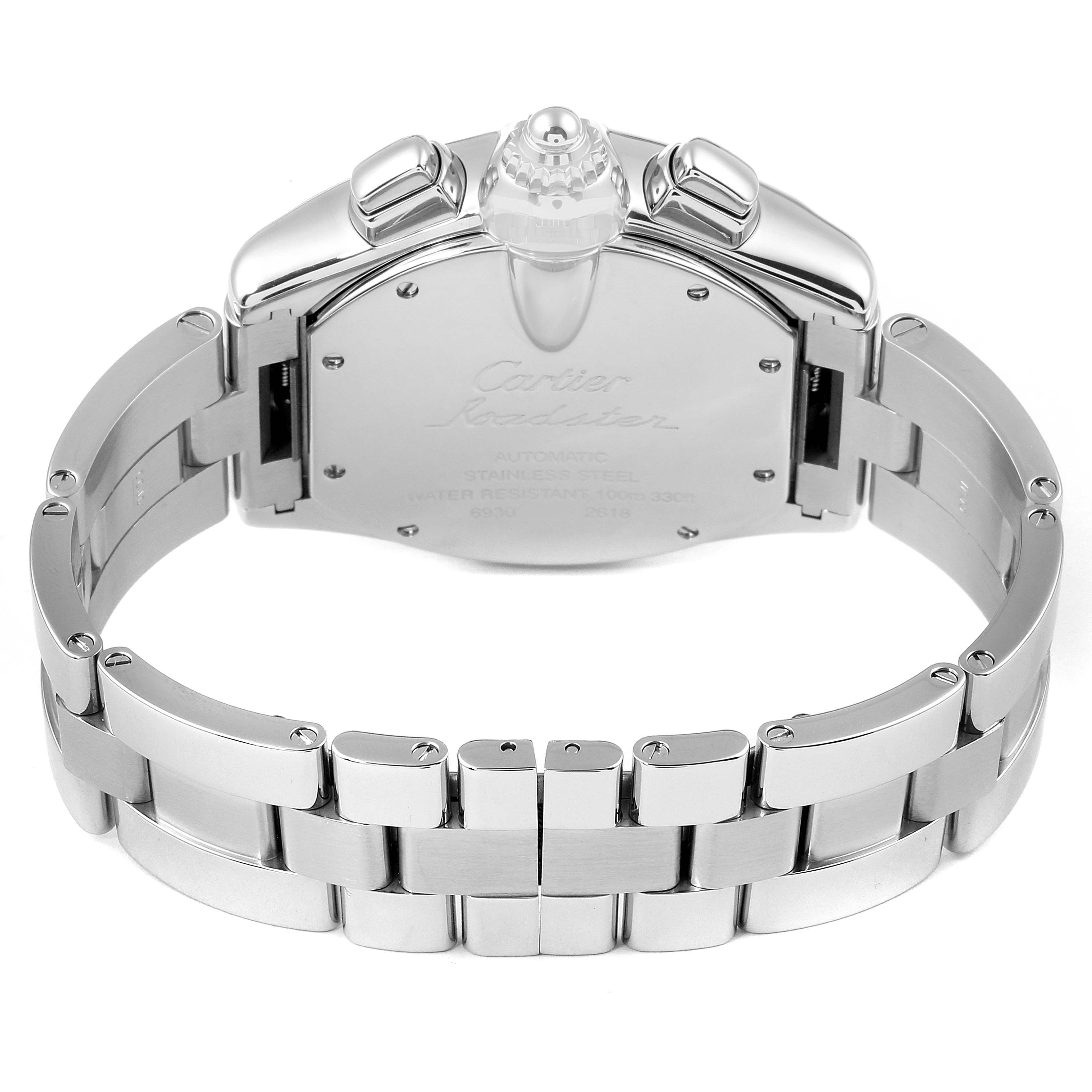 This image shows the back case and stainless steel bracelet of a Cartier Roadster W62019X6 Men's Stainless Steel Silver Dial W62019X6 Men's Stainless Steel Silver Dial watch.