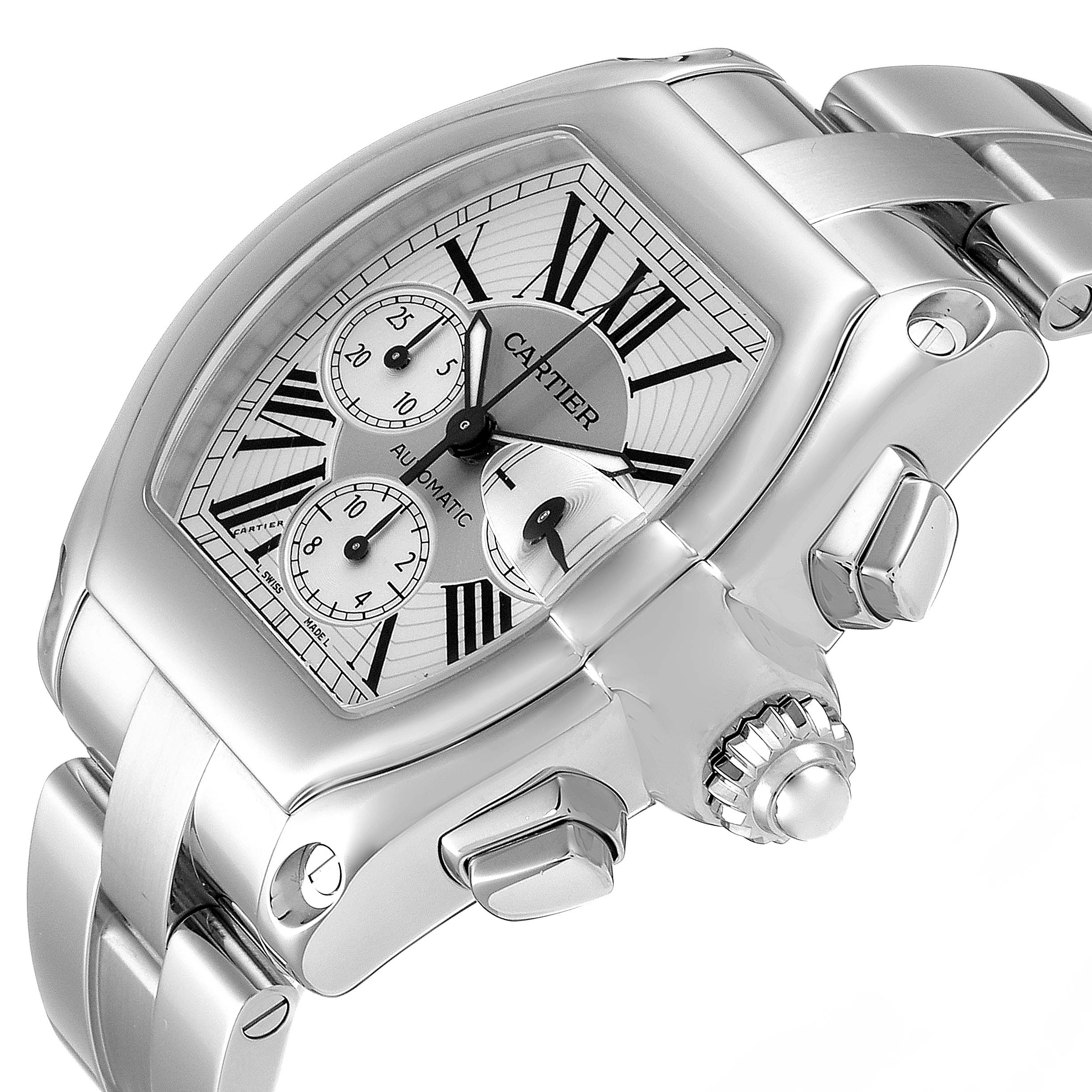 This Cartier Roadster W62019X6 Men's Stainless Steel Silver Dial W62019X6 Men's Stainless Steel Silver Dial watch is shown at a diagonal angle, highlighting its face, crown, and part of the bracelet.