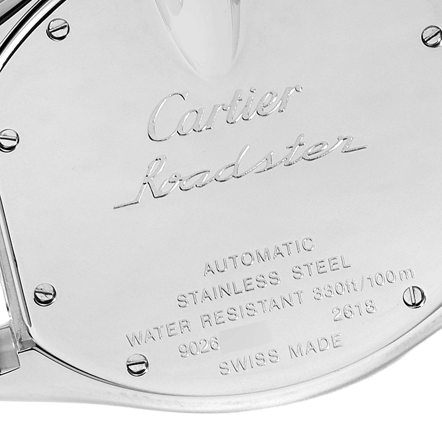 This image shows the back case of the Cartier Roadster W62019X6 Men's Stainless Steel Silver Dial W62019X6 Men's Stainless Steel Silver Dial watch, highlighting the engraved model information.