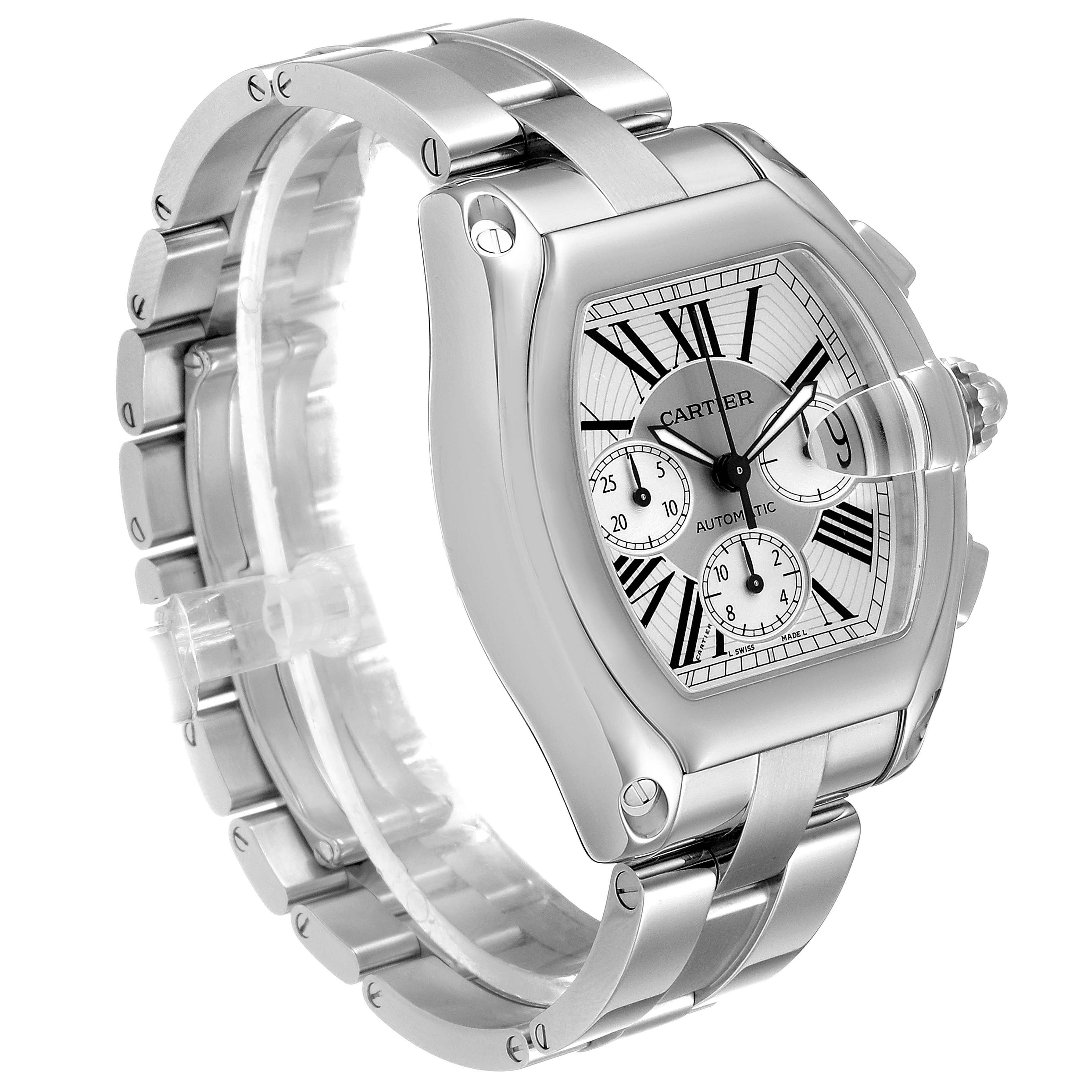 The image shows a Cartier Roadster W62019X6 Men's Stainless Steel Silver Dial W62019X6 Men's Stainless Steel Silver Dial watch from a three-quarter angle, highlighting the case, dial, bracelet, and crown.