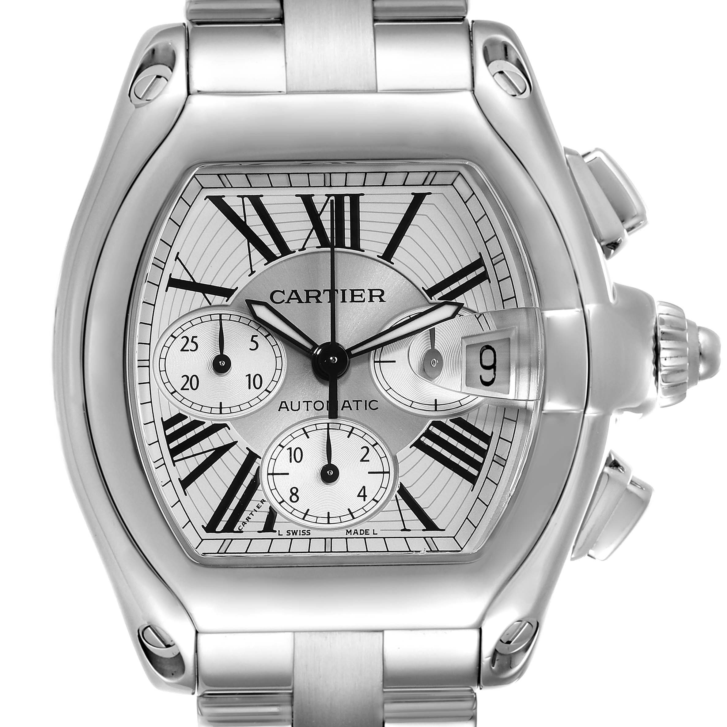 This is a front view of the Cartier Roadster W62019X6 Men's Stainless Steel Silver Dial W62019X6 Men's Stainless Steel Silver Dial watch, showing the face, dial, and part of the bracelet.