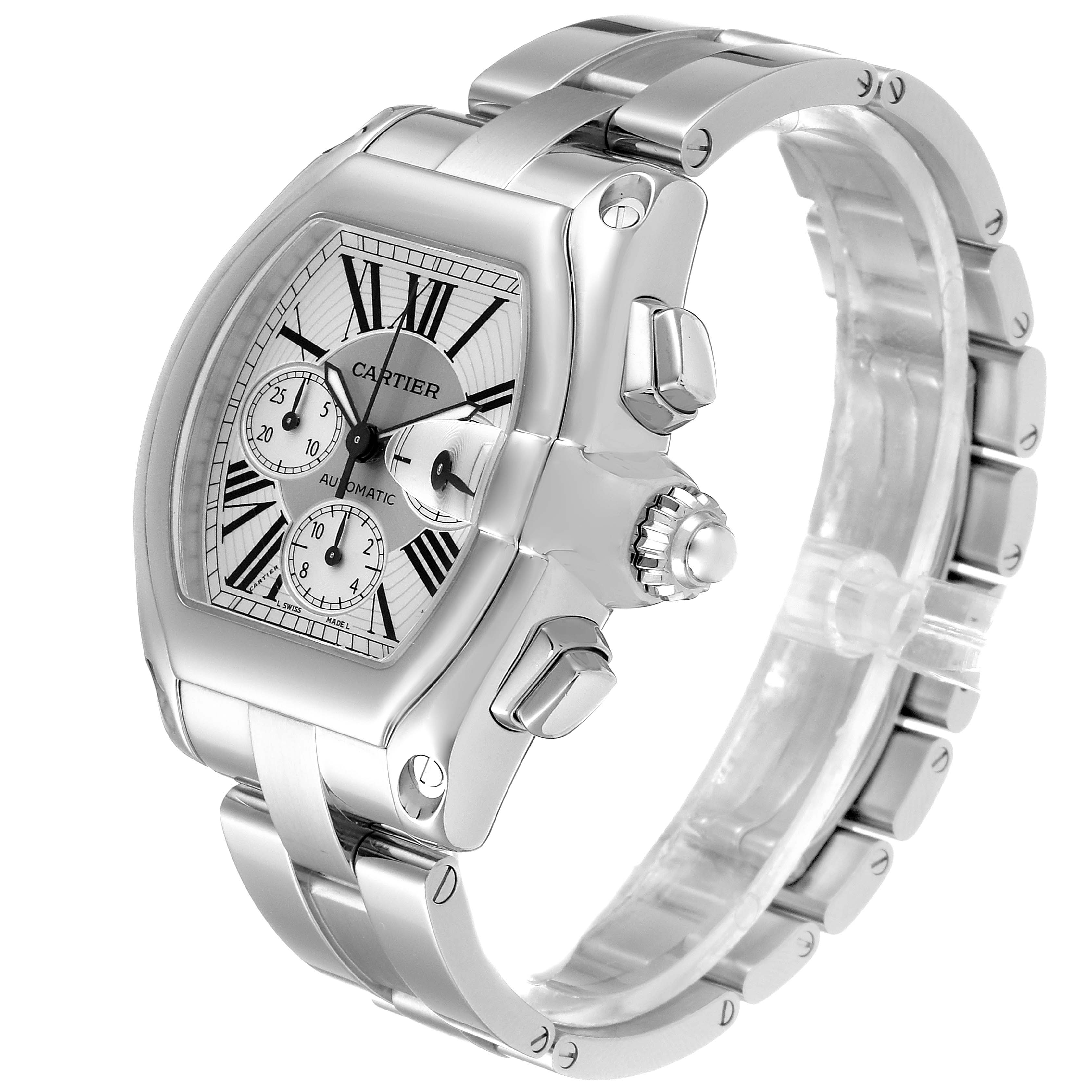 The image shows a side angle of the Cartier Roadster W62019X6 Men's Stainless Steel Silver Dial W62019X6 Men's Stainless Steel Silver Dial watch, highlighting the face, crown, pushers, and part of the stainless steel bracelet.