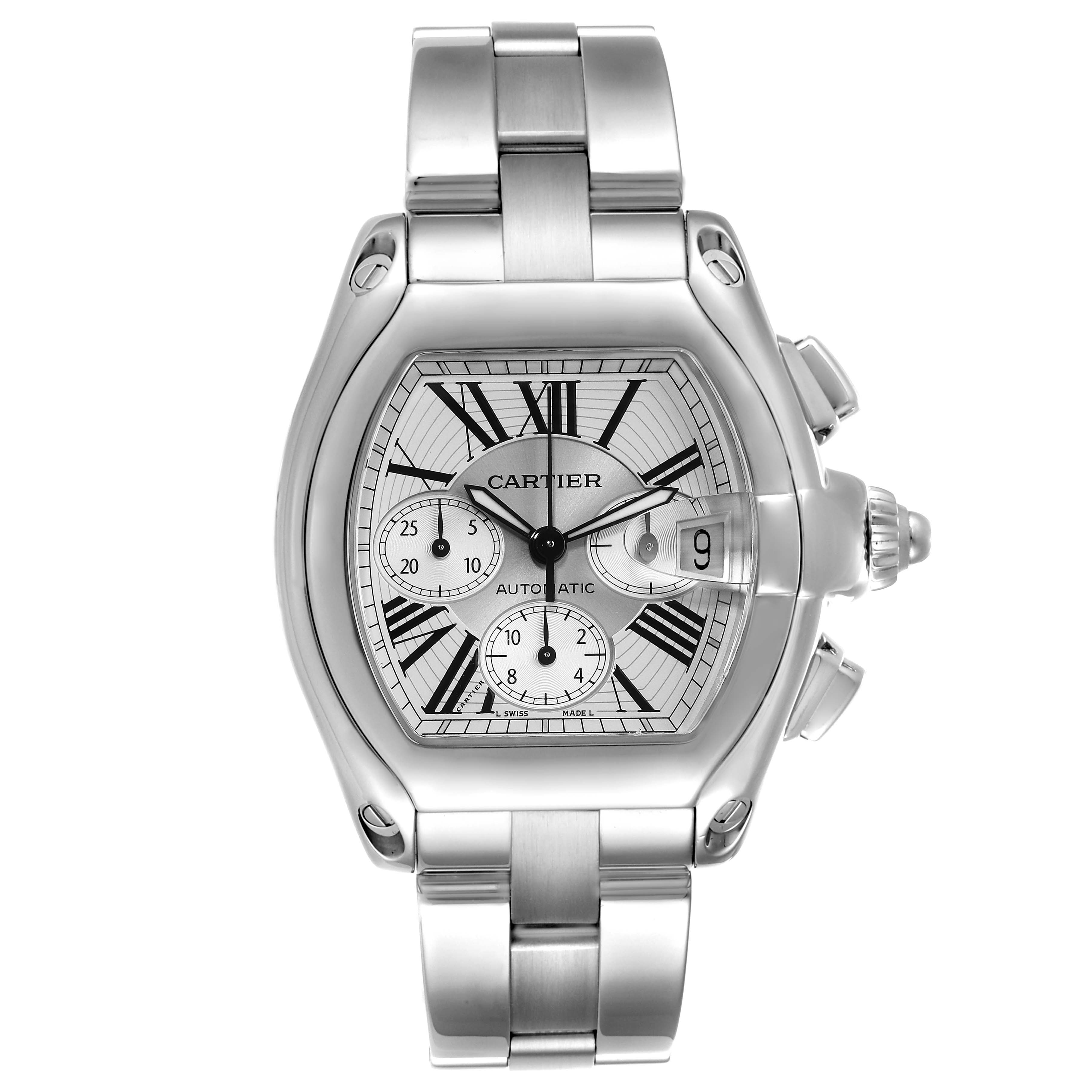 This image shows a front view of a Cartier Roadster W62019X6 Men's Stainless Steel Silver Dial W62019X6 Men's Stainless Steel Silver Dial watch, highlighting its dial, bracelet, and chronograph subdials.