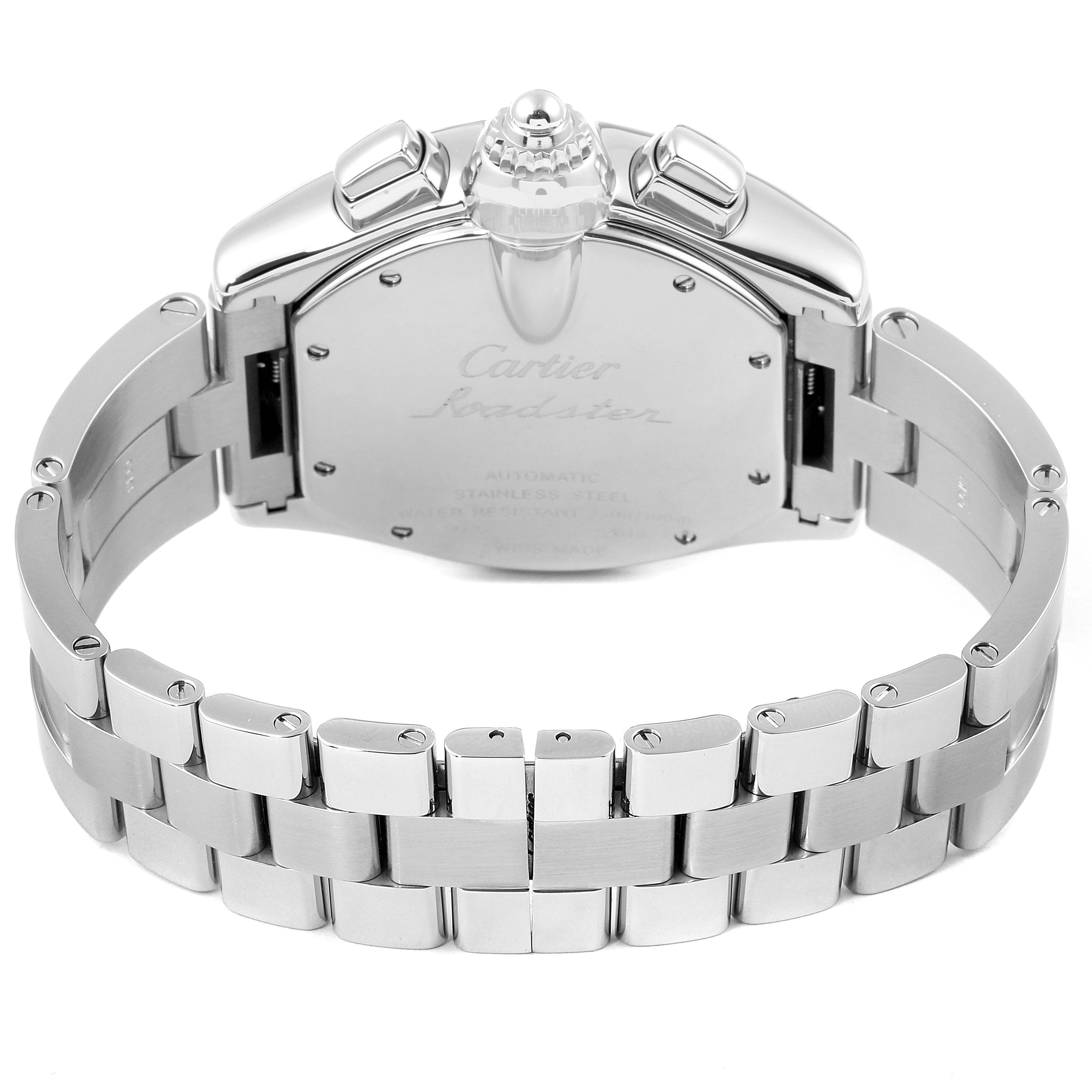 This image shows the back case and bracelet of the Cartier Roadster W62019X6 Men's Stainless Steel Silver Dial W62019X6 Men's Stainless Steel Silver Dial watch.