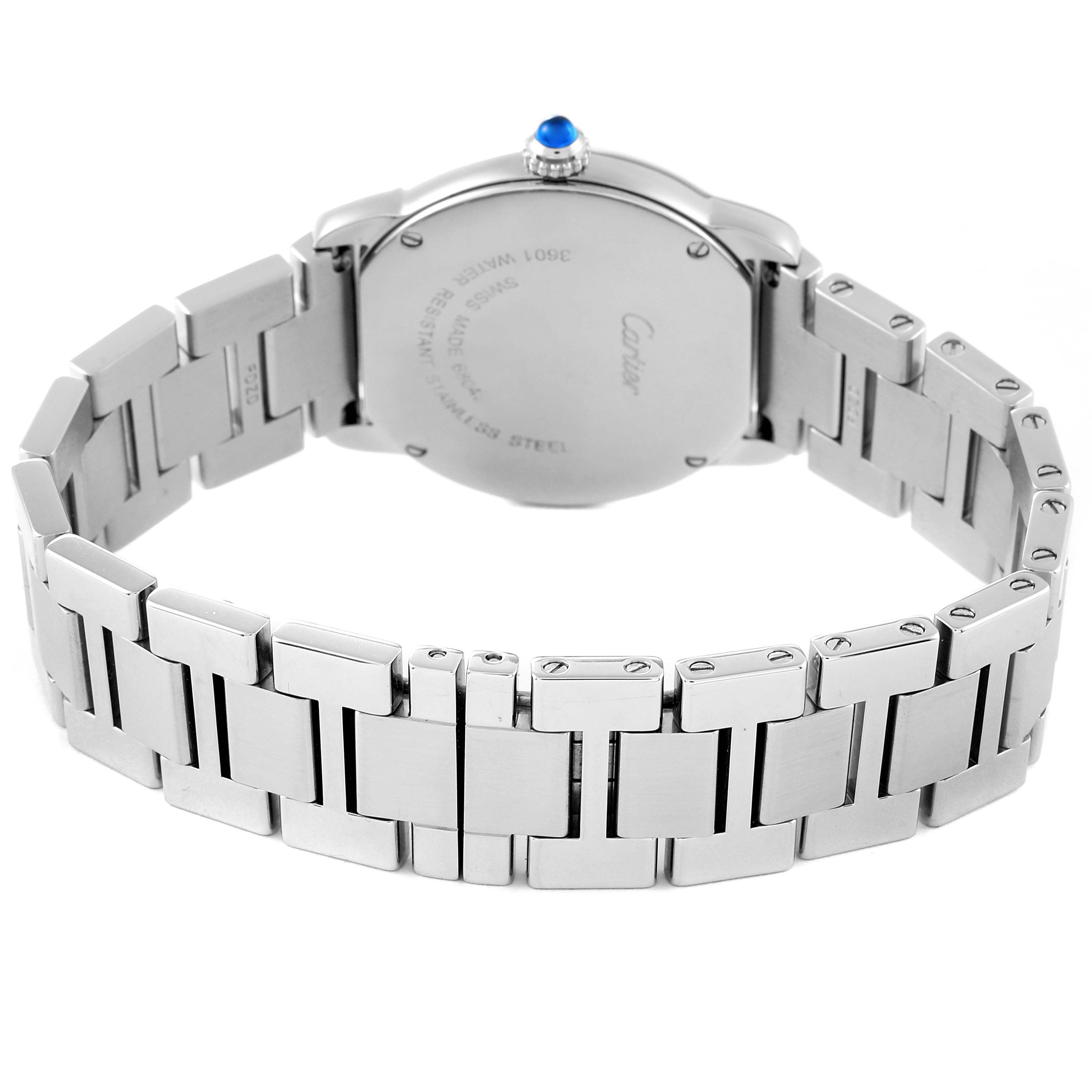 The image shows the back casing and bracelet of the Ronde model watch by Cartier, featuring a stainless steel band and a blue cabochon crown.