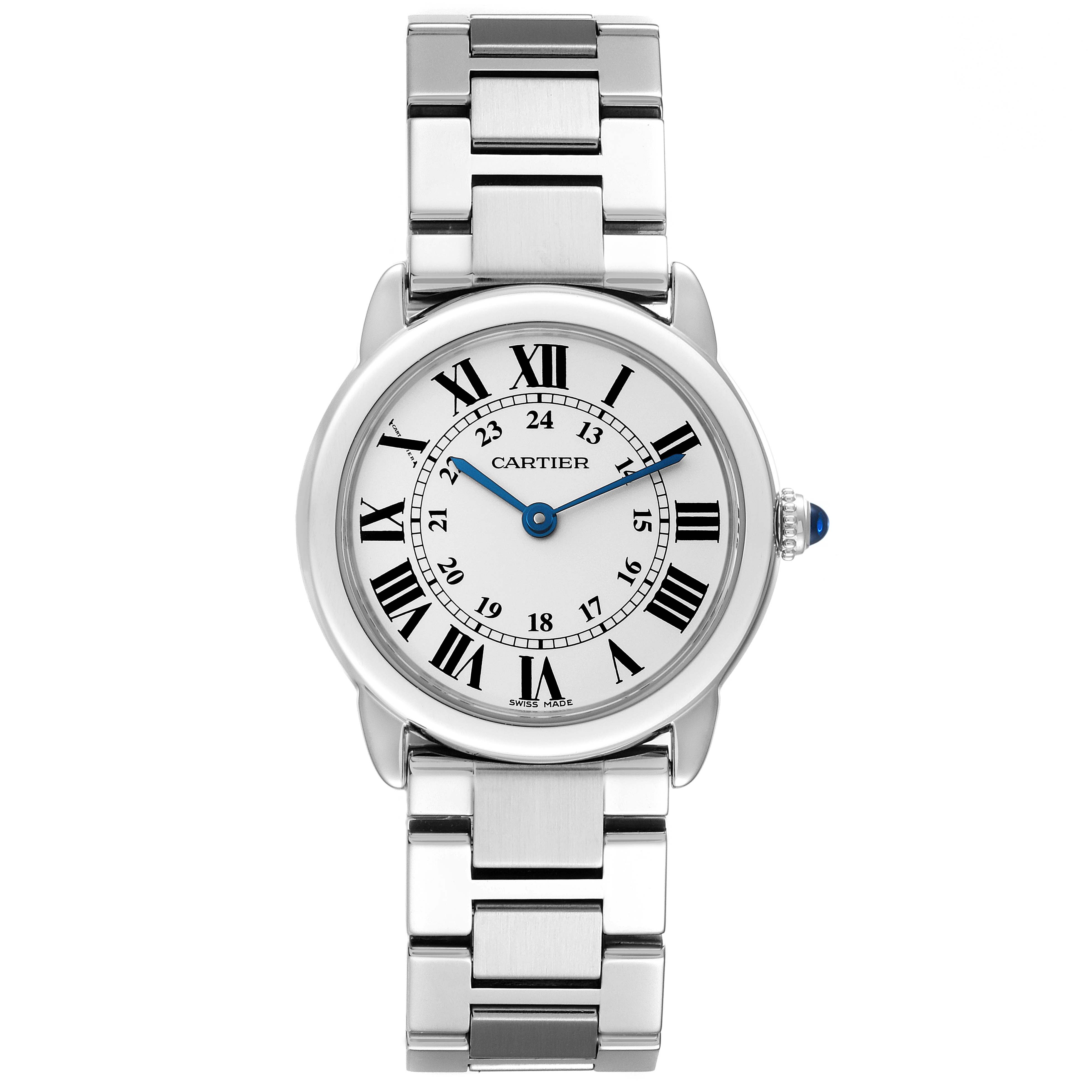 This is a front view of the Ronde model watch by Cartier, showing the full face, bezel, and bracelet.