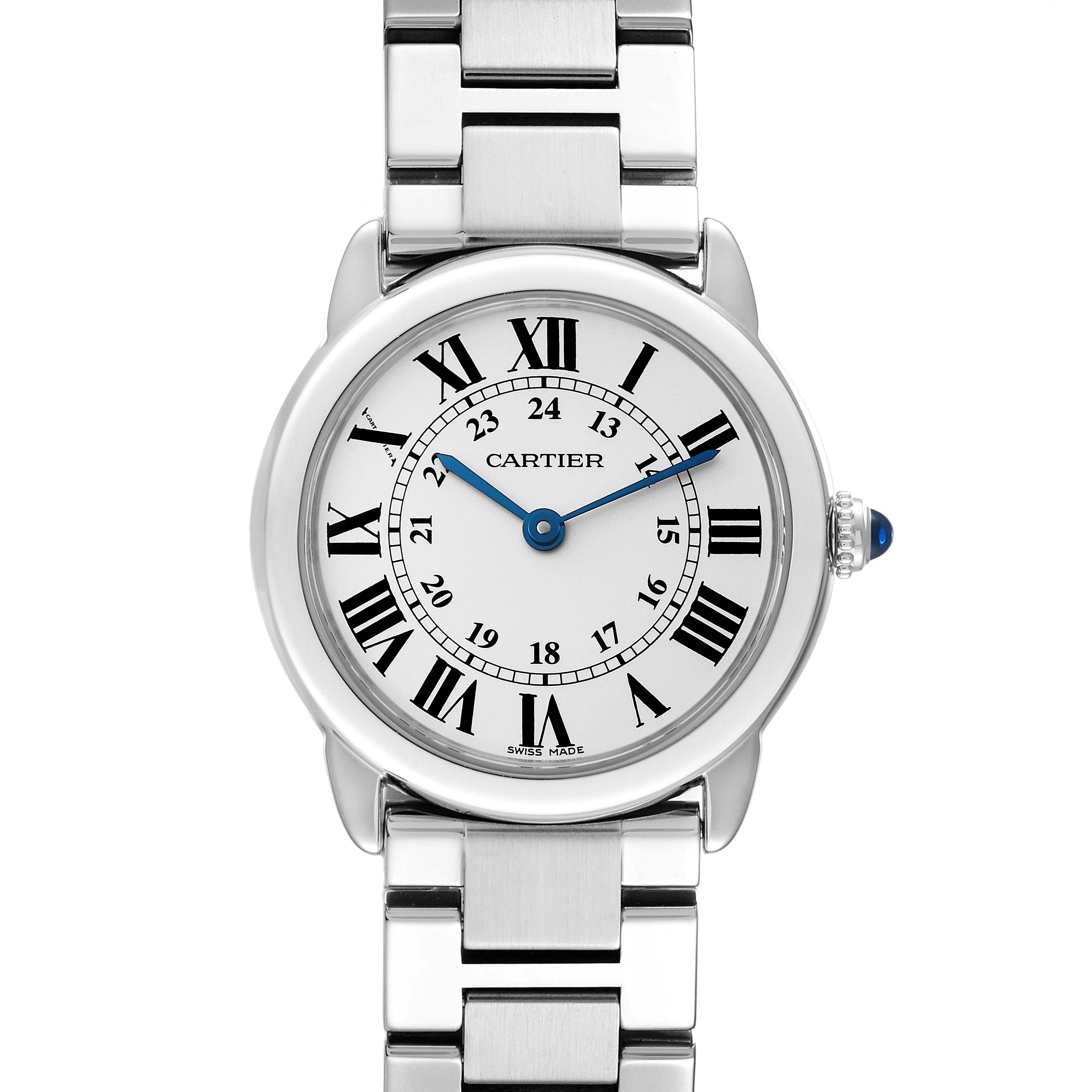 This is a close-up view of the Cartier Ronde W6701004 Women's Stainless Steel Silver Dial W6701004 Women's Stainless Steel Silver Dial model watch, showing its stainless steel bracelet, Roman numeral dial, and blue hands.