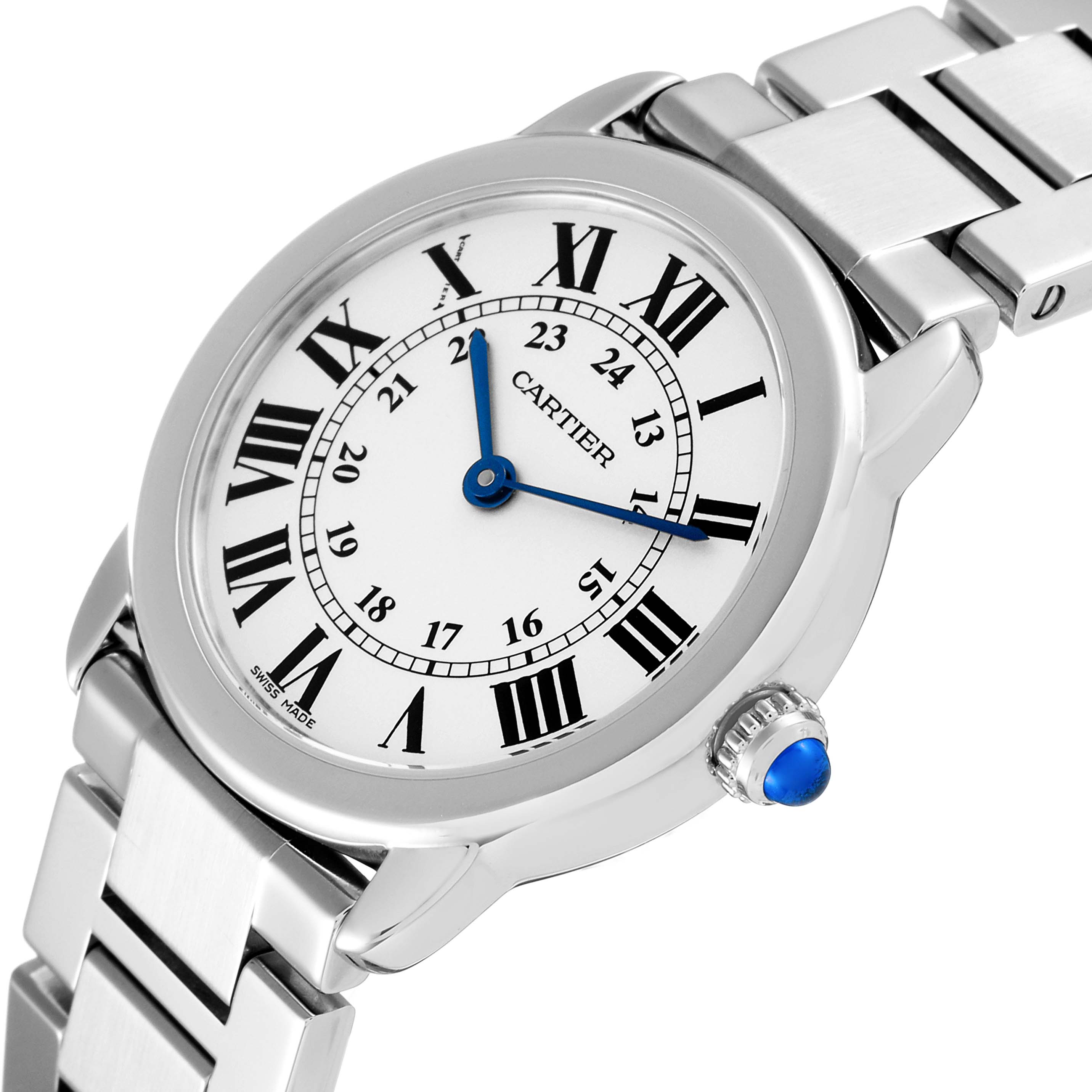 The image shows a close-up side angle of the Cartier Ronde W6701004 Women's Stainless Steel Silver Dial W6701004 Women's Stainless Steel Silver Dial watch, highlighting its face, bezel, crown, and bracelet.
