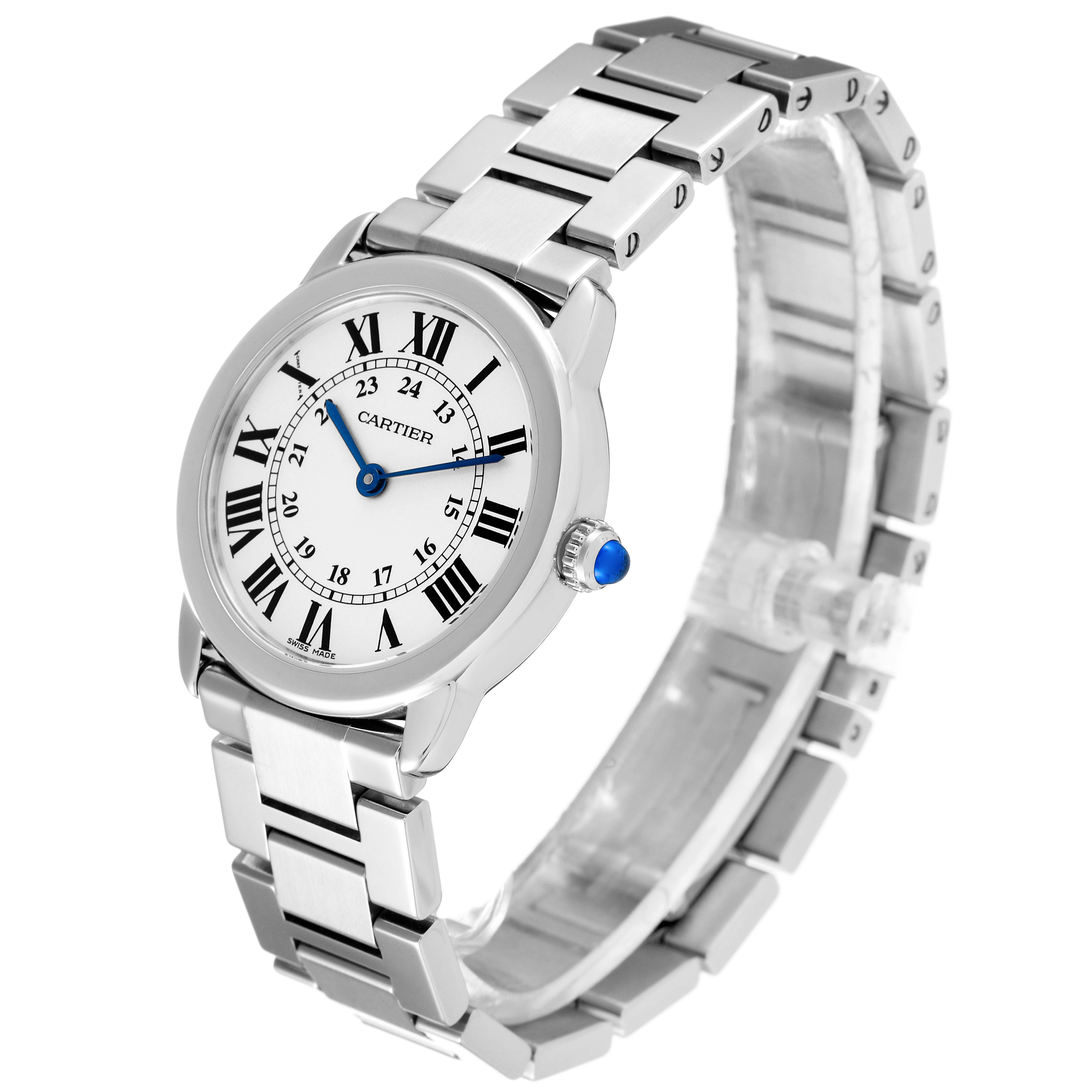 The image shows a Cartier Ronde W6701004 Women's Stainless Steel Silver Dial W6701004 Women's Stainless Steel Silver Dial watch at a three-quarter angle, displaying the face, bezel, crown, and bracelet.