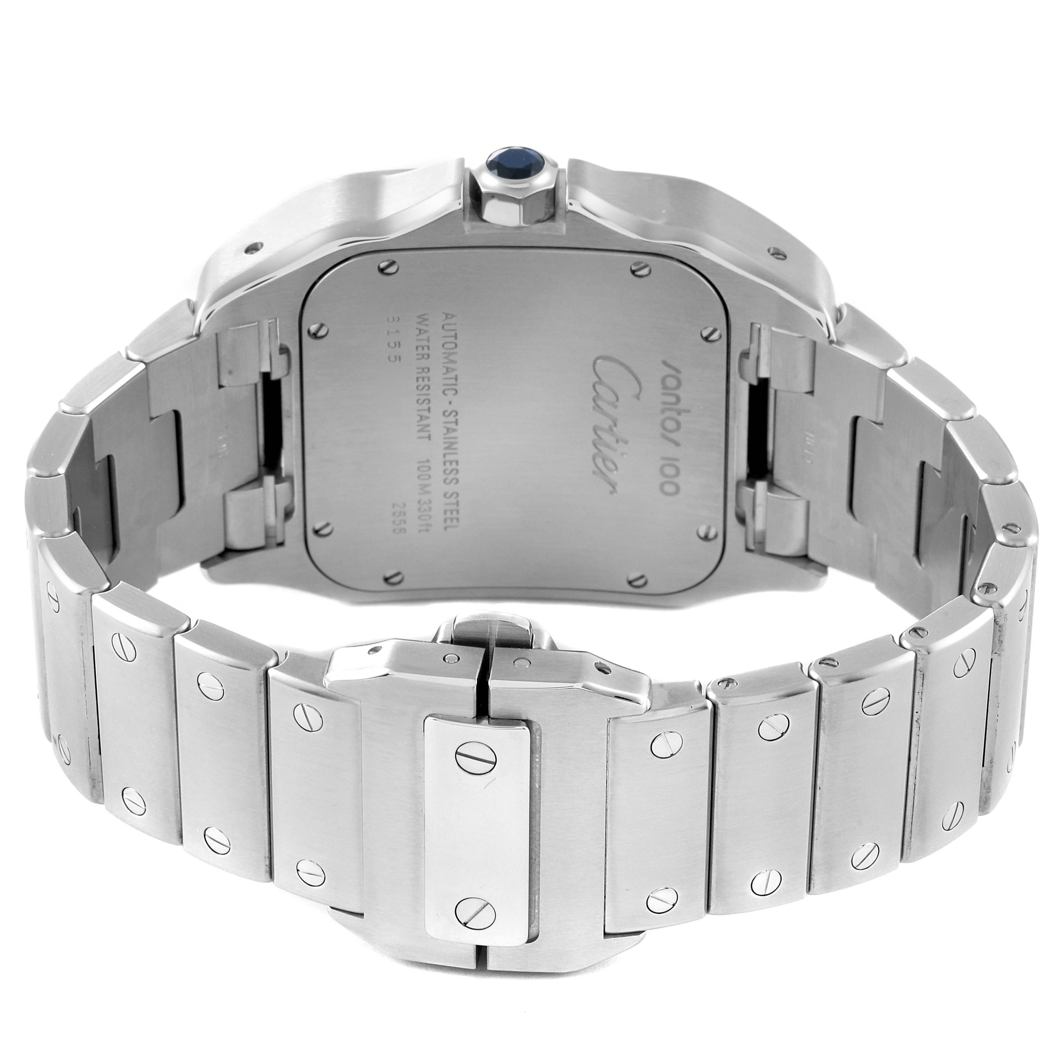 The image shows the back and bracelet of the Santos model by Cartier.