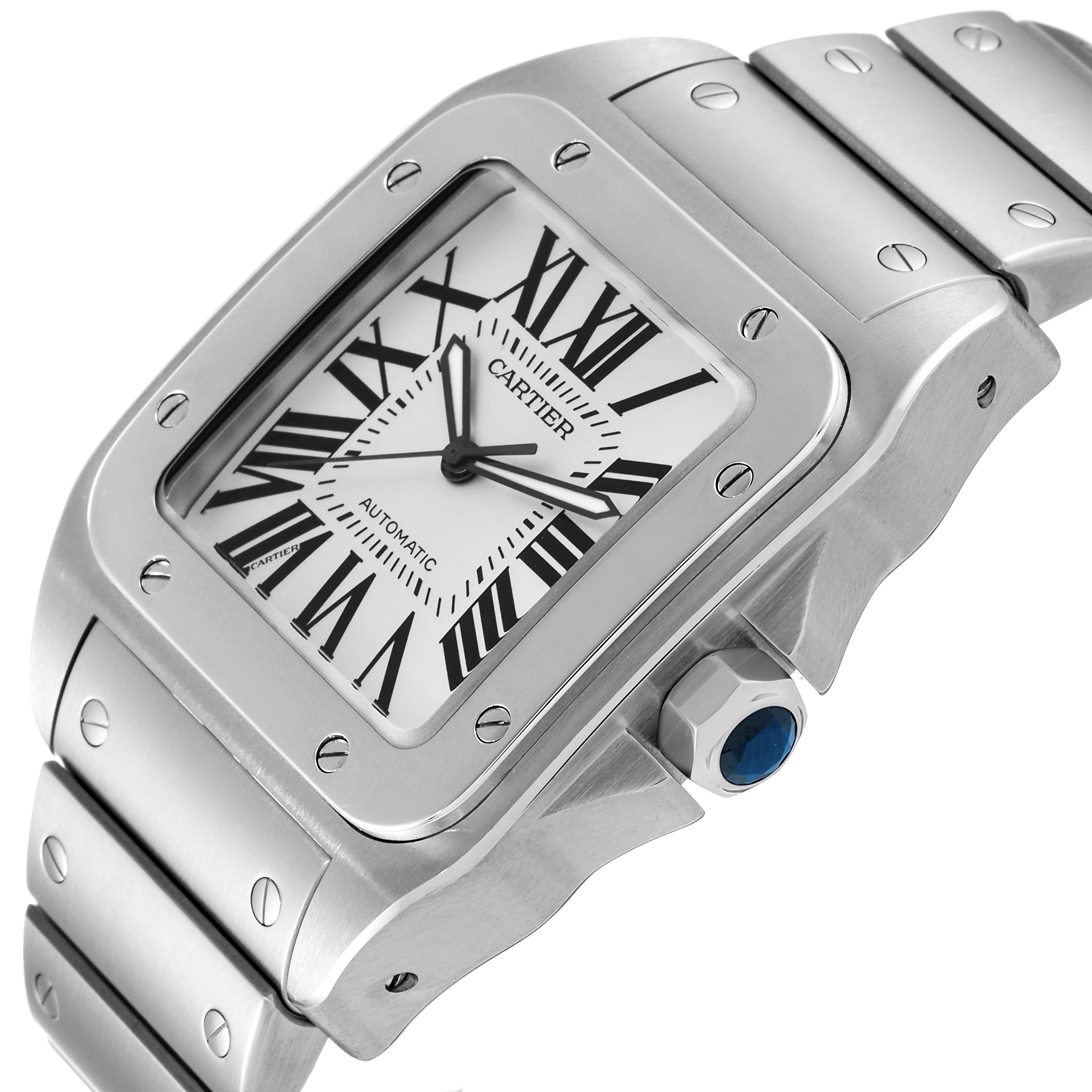 The image shows a close-up side angle of a Cartier Santos W200737G Men
s Stainless Steel Silver Dial W200737G Men
s Stainless Steel Silver Dial watch, highlighting its face and part of the metal strap.