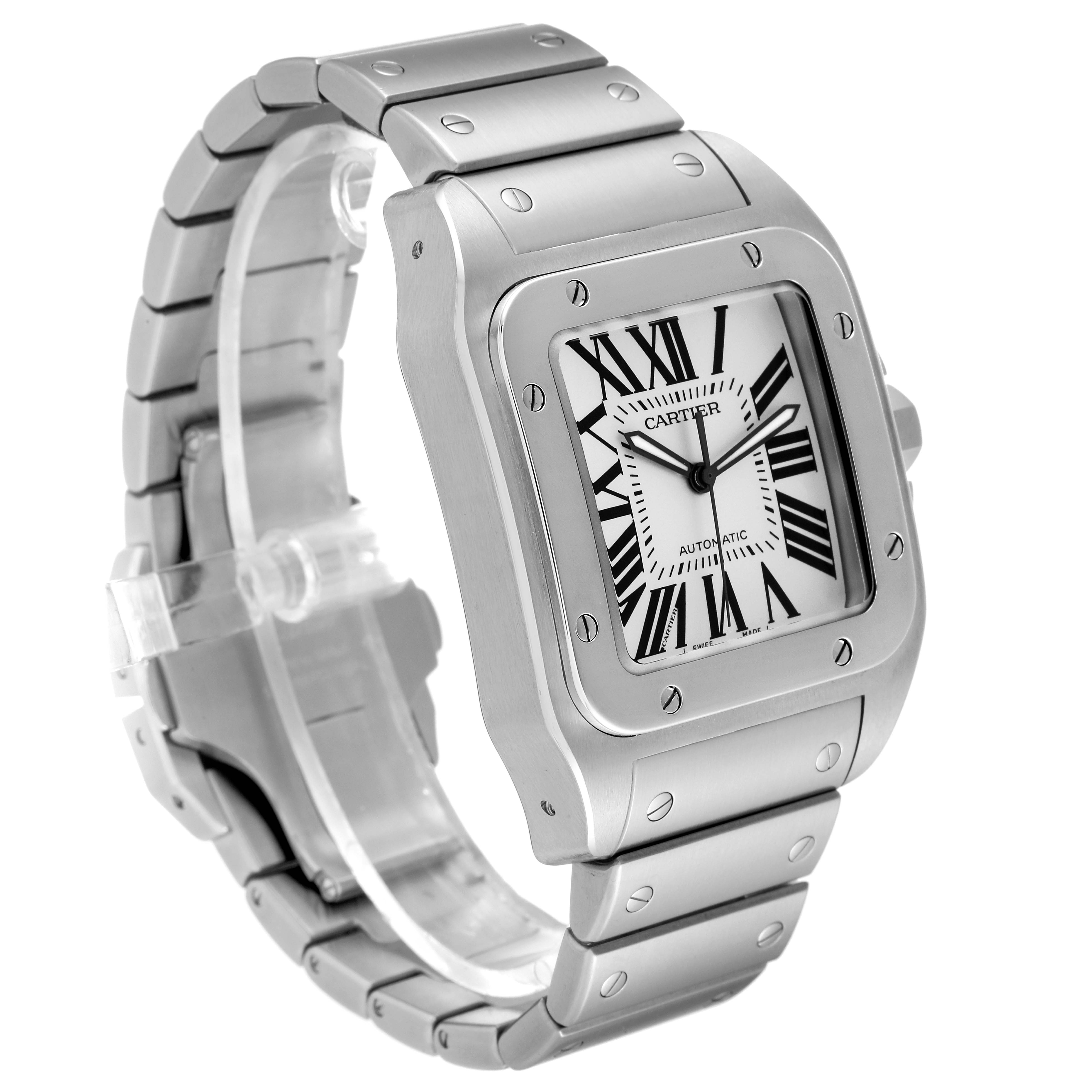 The image shows a side angle view of a Cartier Santos W200737G Men
s Stainless Steel Silver Dial W200737G Men
s Stainless Steel Silver Dial watch, featuring its square face and metal bracelet.