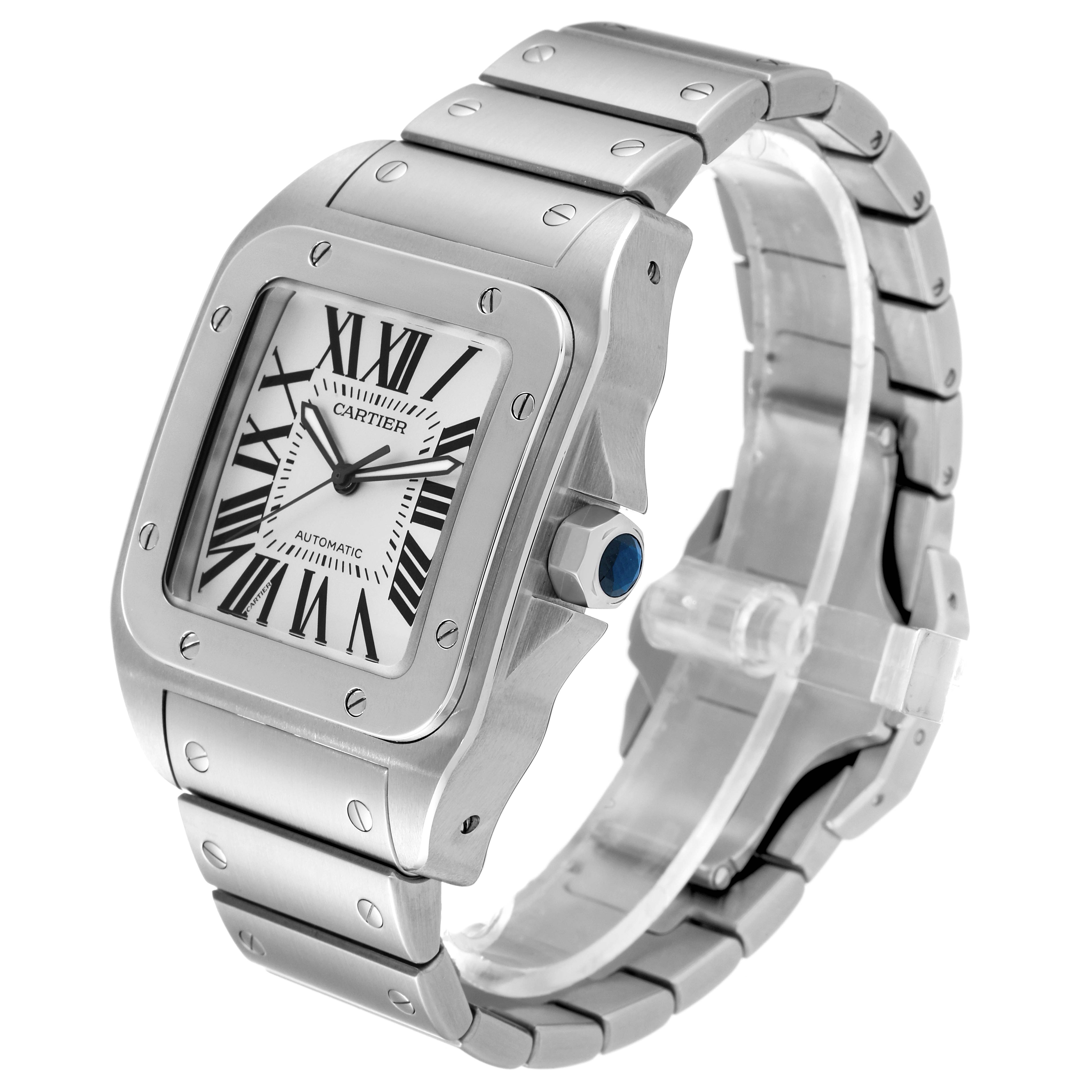 The Cartier Santos W200737G Men
s Stainless Steel Silver Dial W200737G Men
s Stainless Steel Silver Dial watch is shown at a side angle, highlighting its face, bezel, bracelet, and crown.