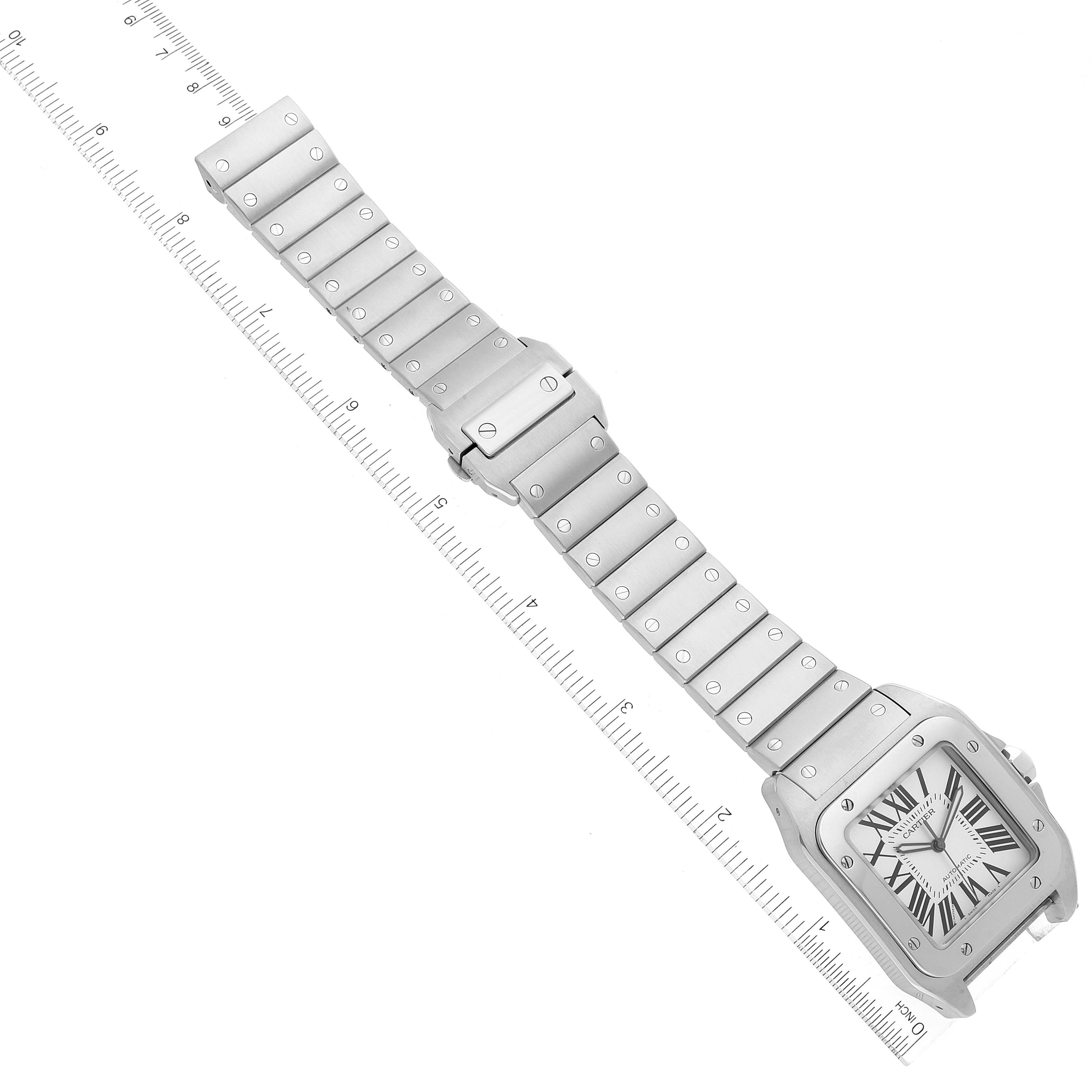 This image of the Cartier Santos W200737G Men
s Stainless Steel Silver Dial W200737G Men
s Stainless Steel Silver Dial watch shows a top view, displaying the watch face, case, and full metal bracelet.