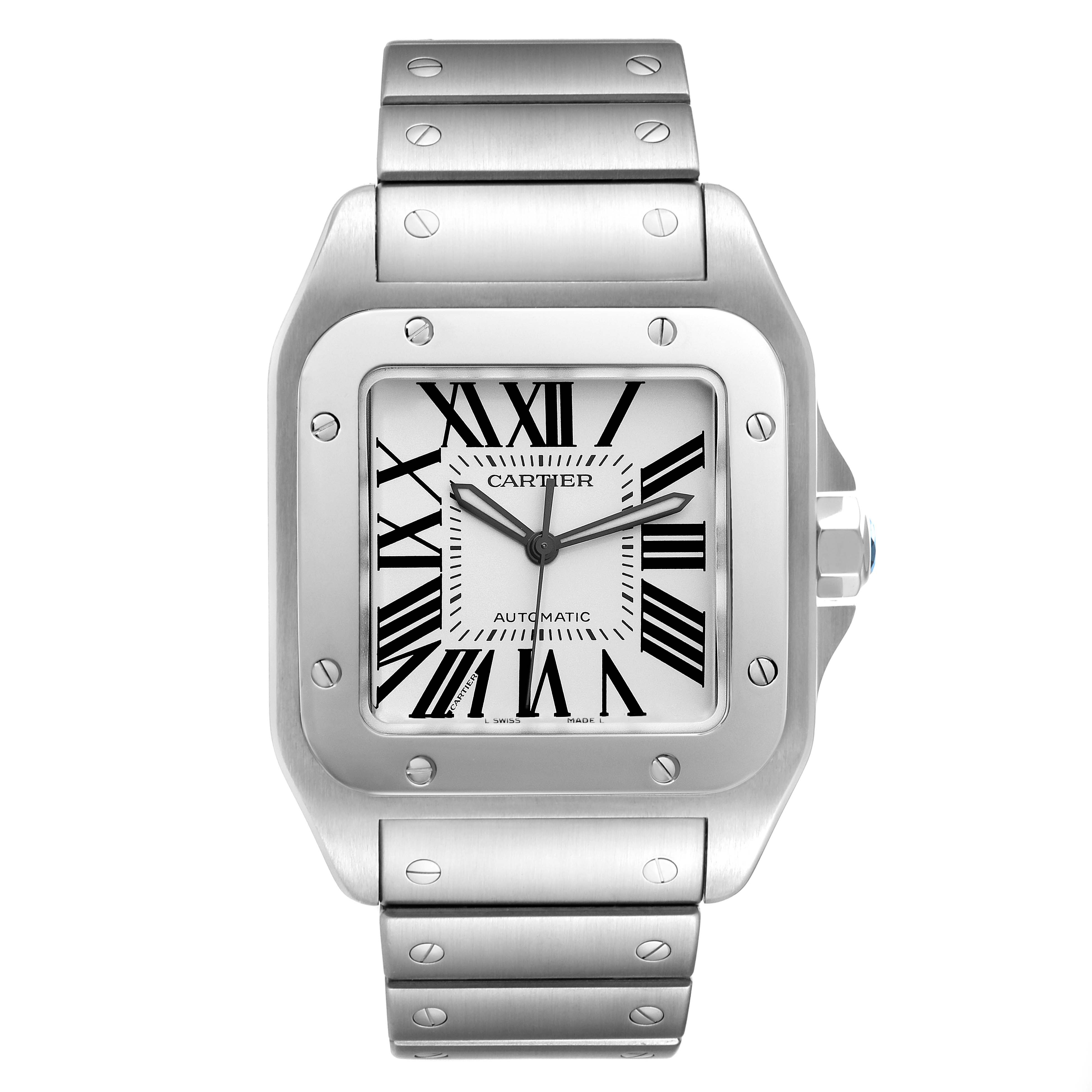 The image shows a frontal view of the Santos de Cartier watch, highlighting its face, bezel, and strap.