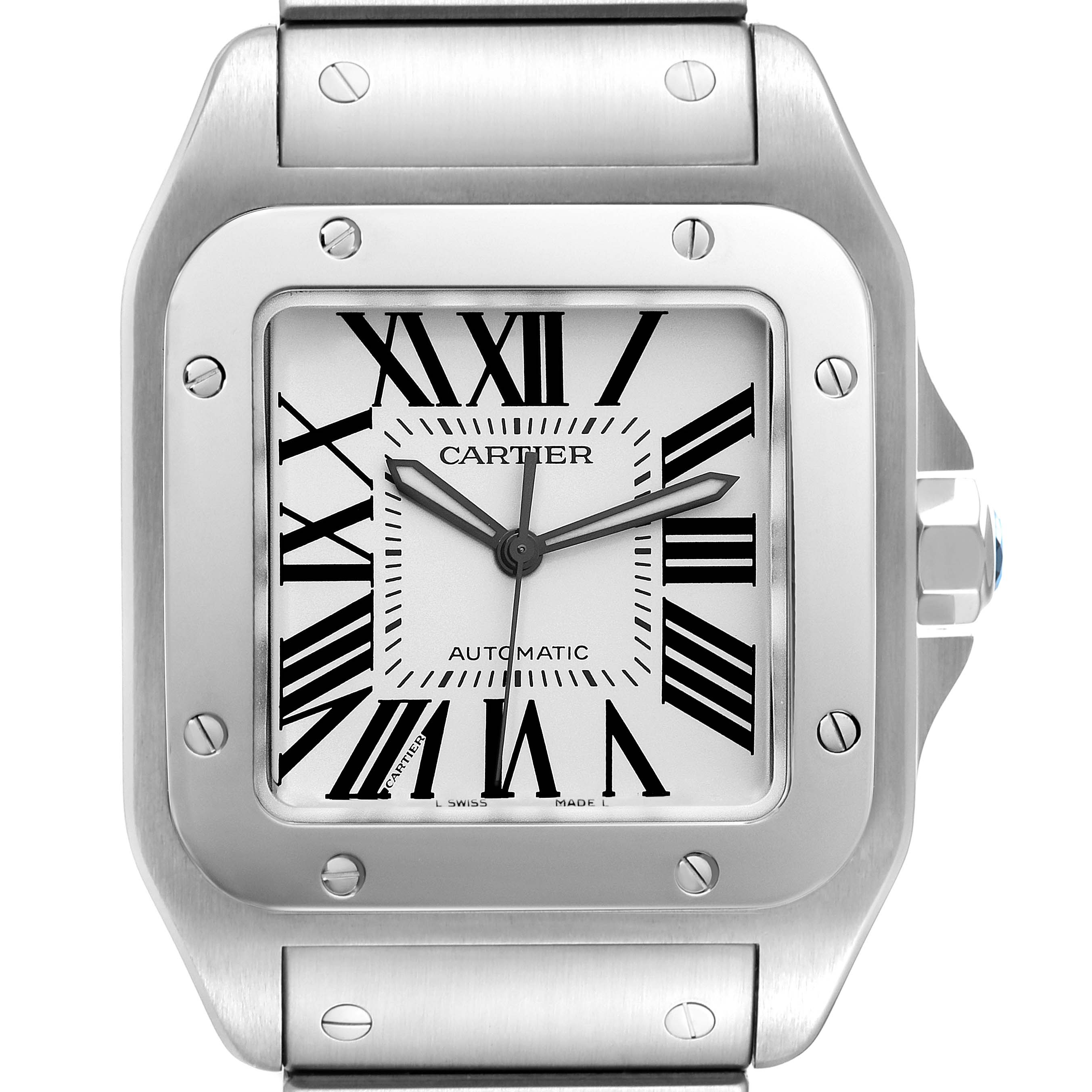 This image shows a close-up of the face and bezel of the Cartier Santos W200737G Men
s Stainless Steel Silver Dial W200737G Men
s Stainless Steel Silver Dial watch, including the crown and part of the bracelet.
