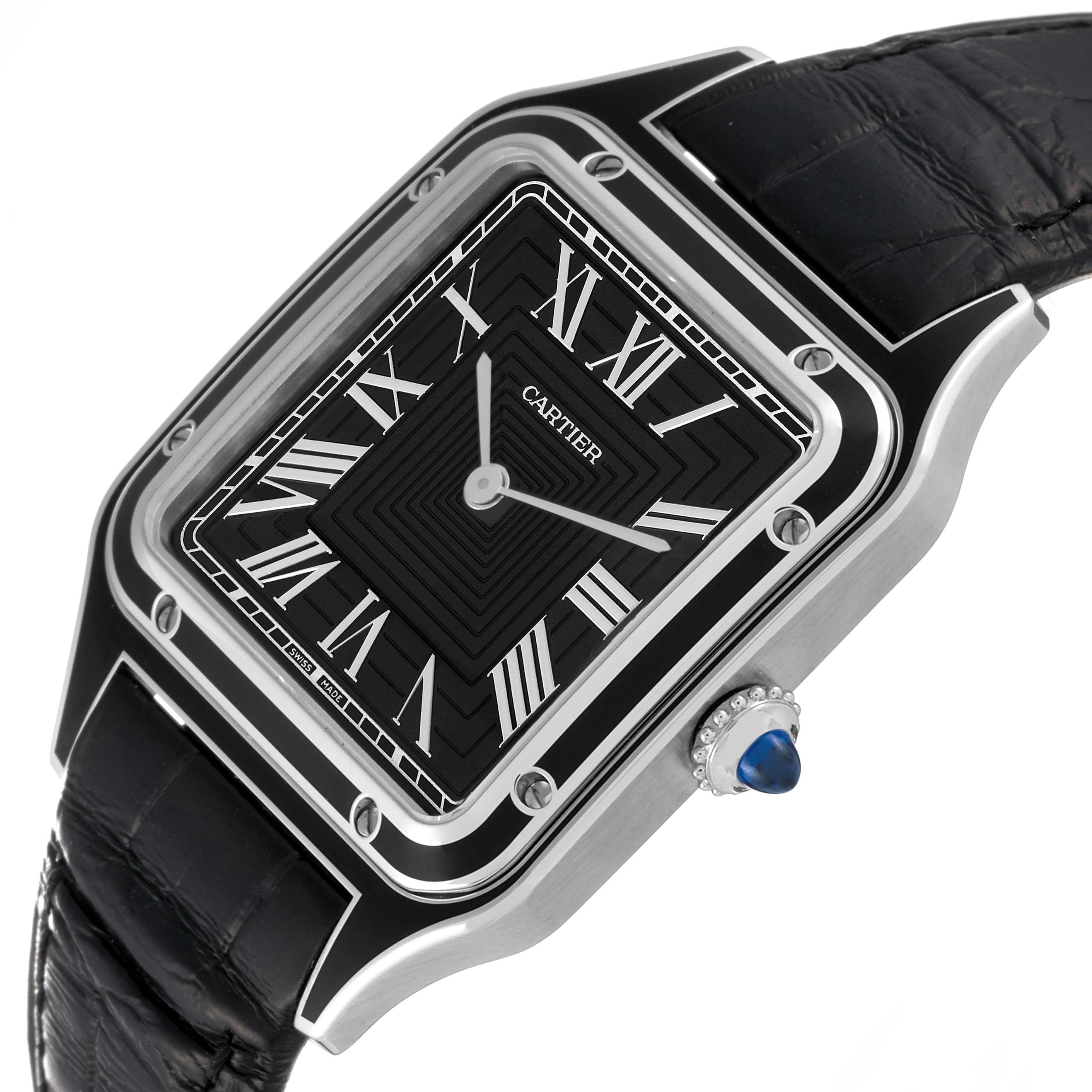 This image shows a close-up, angled view of a Cartier Santos Dumont WSSA0046 Men's Stainless Steel Black Dial WSSA0046 Men's Stainless Steel Black Dial watch, highlighting its dial, bezel, crown, and strap.