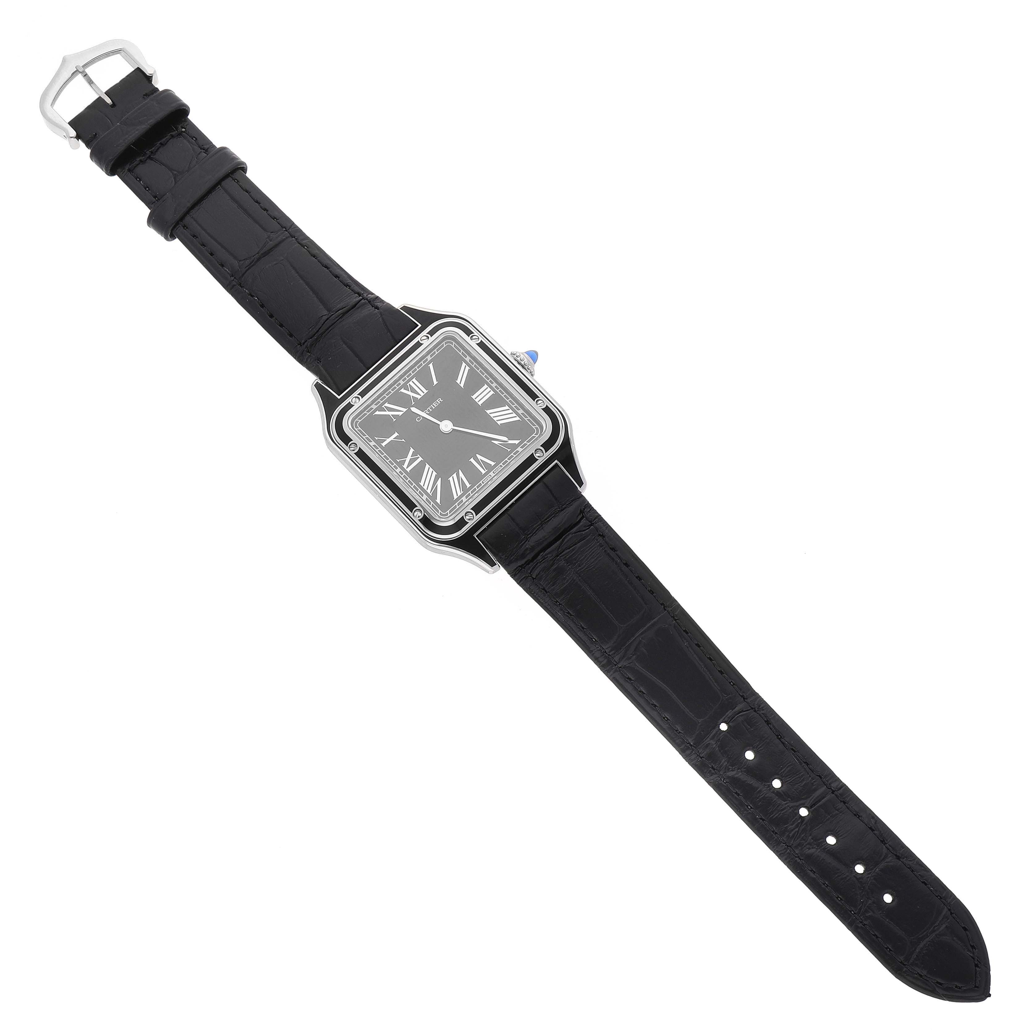 The image shows a top-down view of a Santos Dumont watch by Cartier, including the face, bezel, and black leather strap.