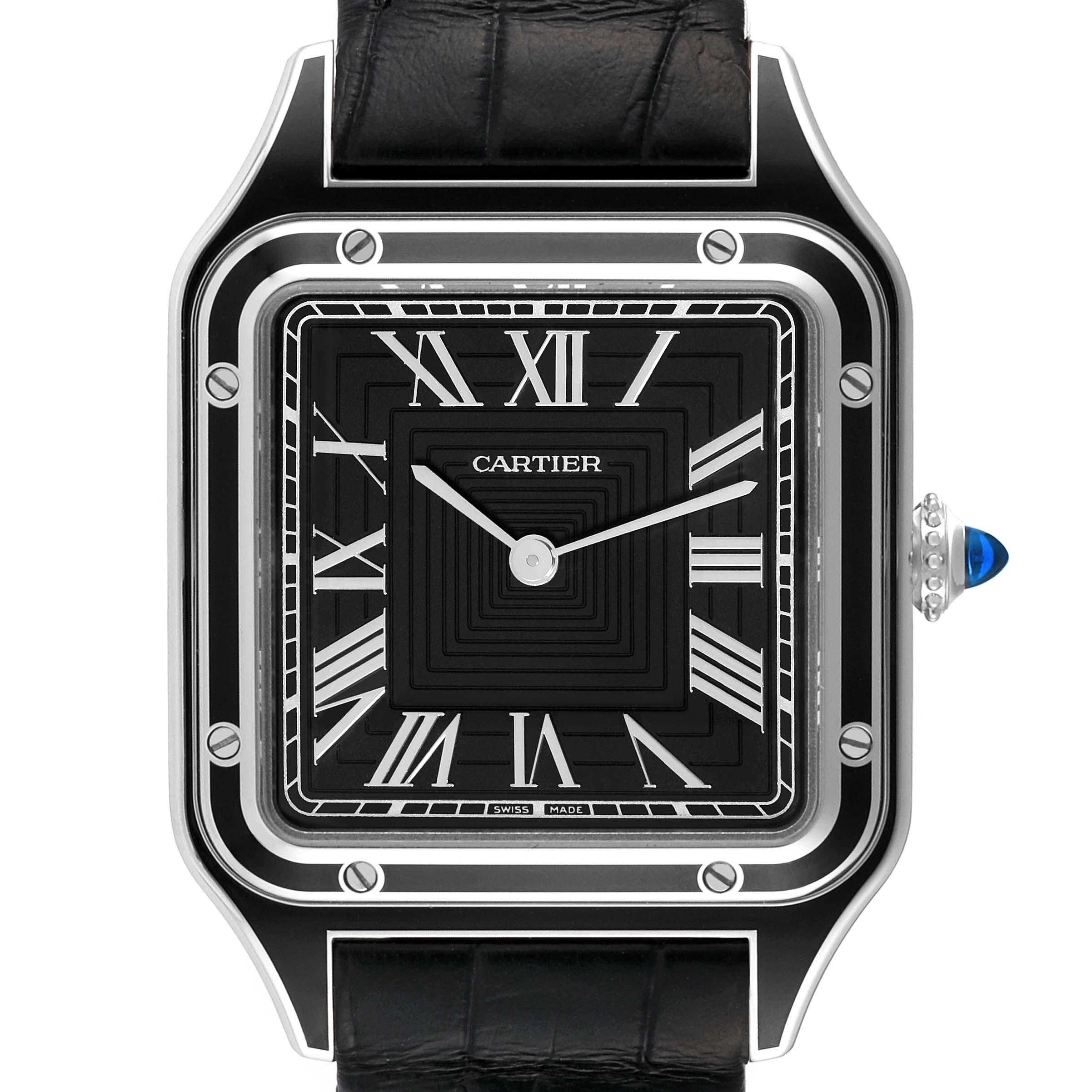 The image shows a front view of the Cartier Santos Dumont WSSA0046 Men's Stainless Steel Black Dial WSSA0046 Men's Stainless Steel Black Dial watch, highlighting its square black dial and Roman numeral markers.