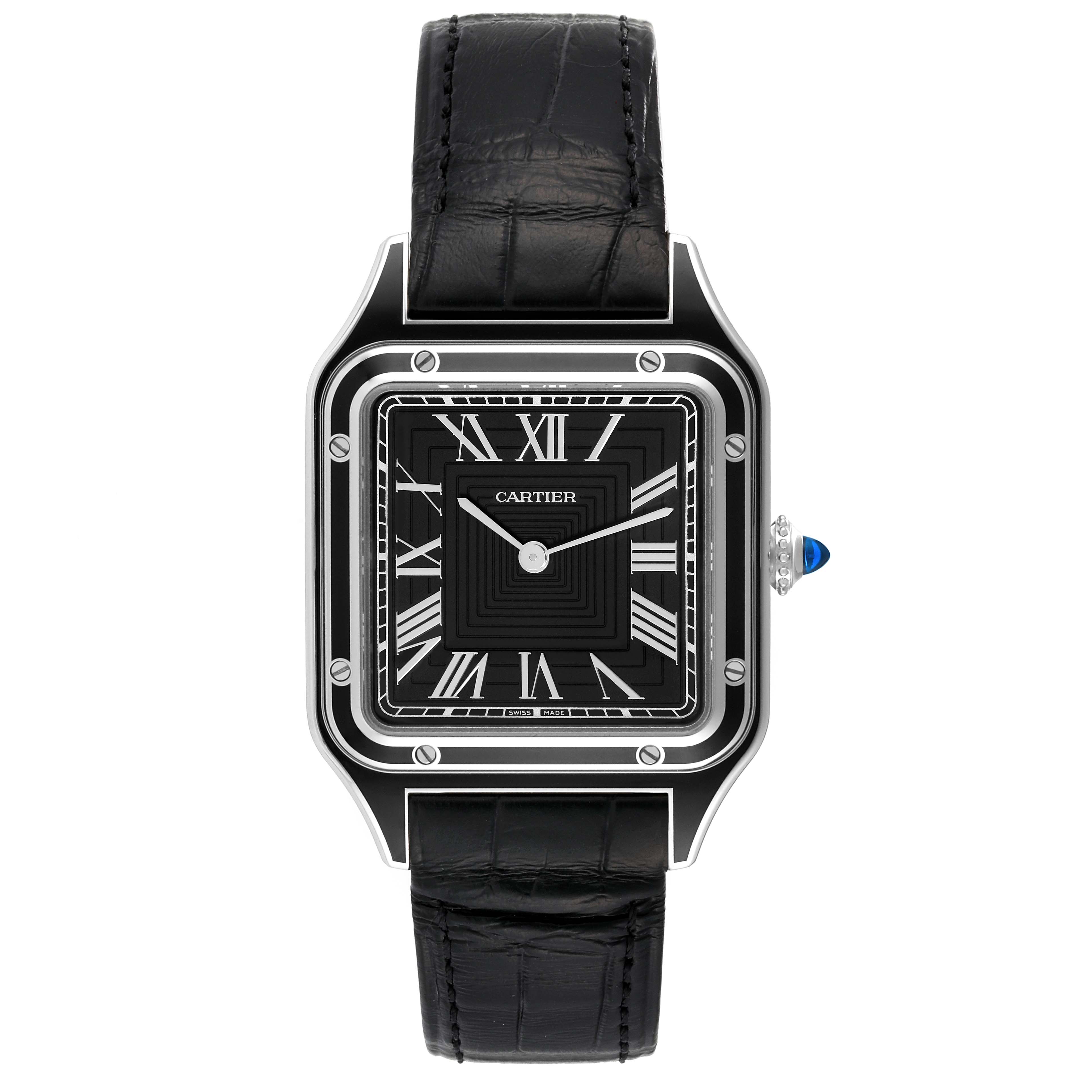 The image shows a front view of the Cartier Santos Dumont WSSA0046 Men's Stainless Steel Black Dial WSSA0046 Men's Stainless Steel Black Dial watch, highlighting its black dial, Roman numerals, and black leather strap.