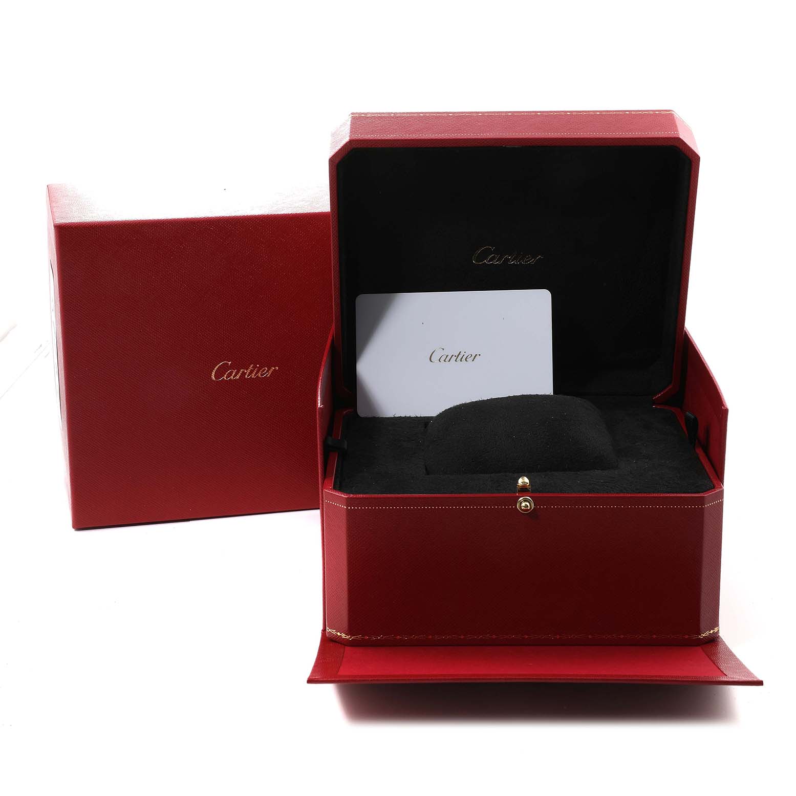 The image shows a Cartier Santos Dumont WSSA0046 Men's Stainless Steel Black Dial WSSA0046 Men's Stainless Steel Black Dial watch box, photographed at an angle to display the interior and exterior.