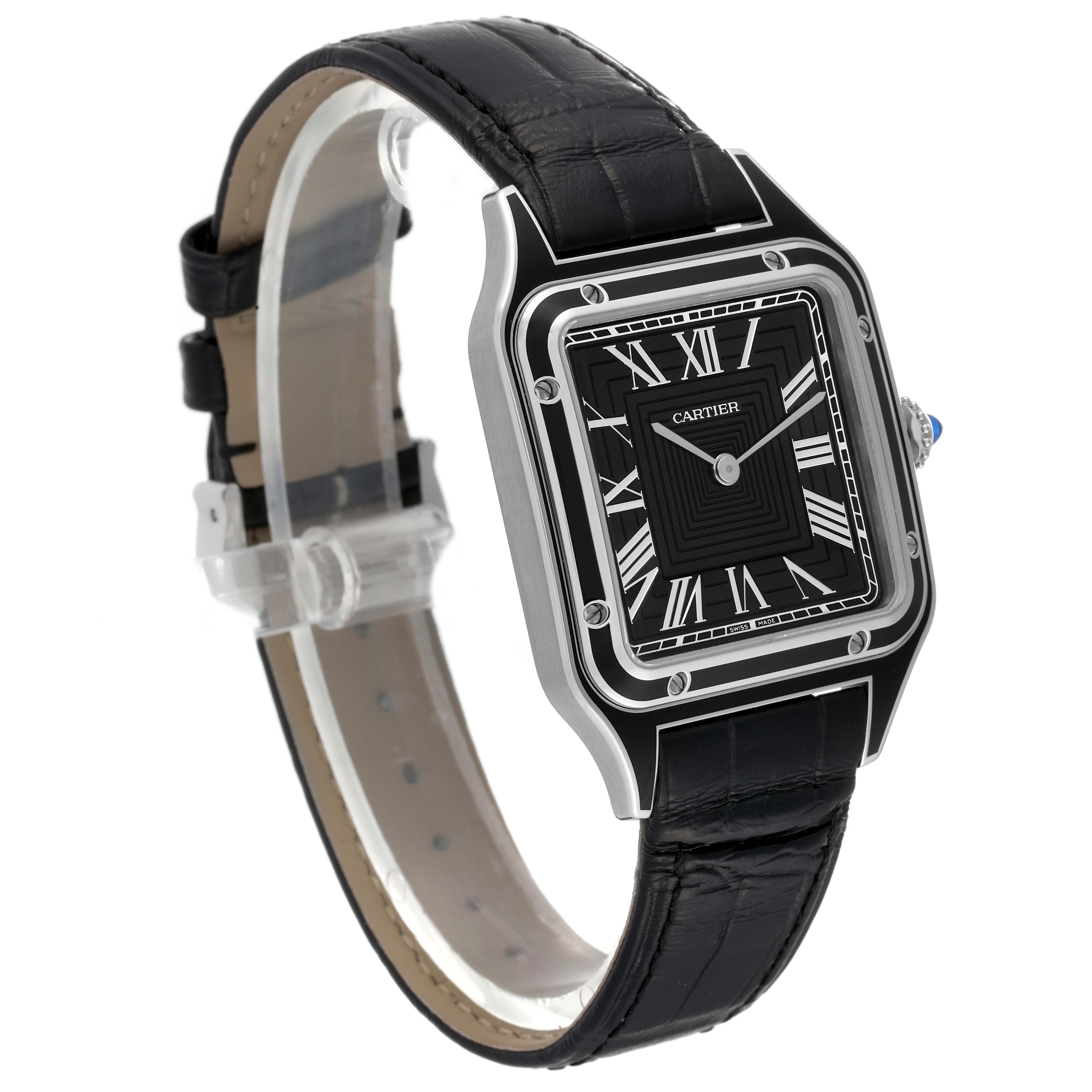 The Cartier Santos Dumont WSSA0046 Men's Stainless Steel Black Dial WSSA0046 Men's Stainless Steel Black Dial watch is shown at a three-quarter angle, displaying the face, bezel, strap, and crown.