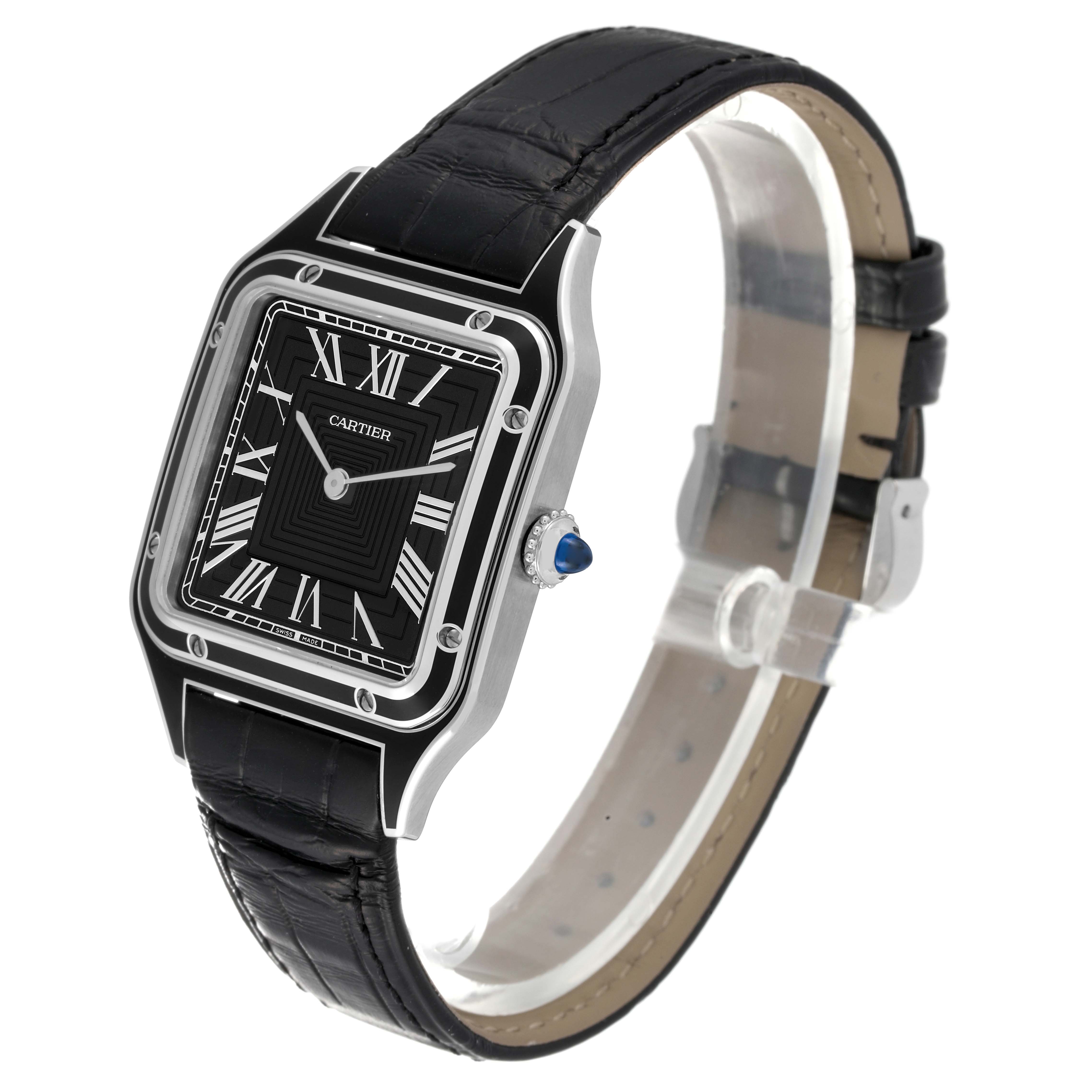 The image shows a Cartier Santos Dumont WSSA0046 Men's Stainless Steel Black Dial WSSA0046 Men's Stainless Steel Black Dial watch from a three-quarter angle, highlighting its black dial, Roman numerals, and leather strap.